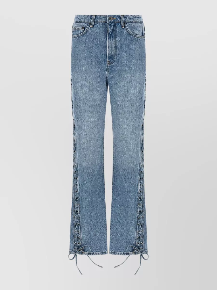 Rotate Birger Christensen Lace Up Detail Straight Leg Denim Trousers In Blue