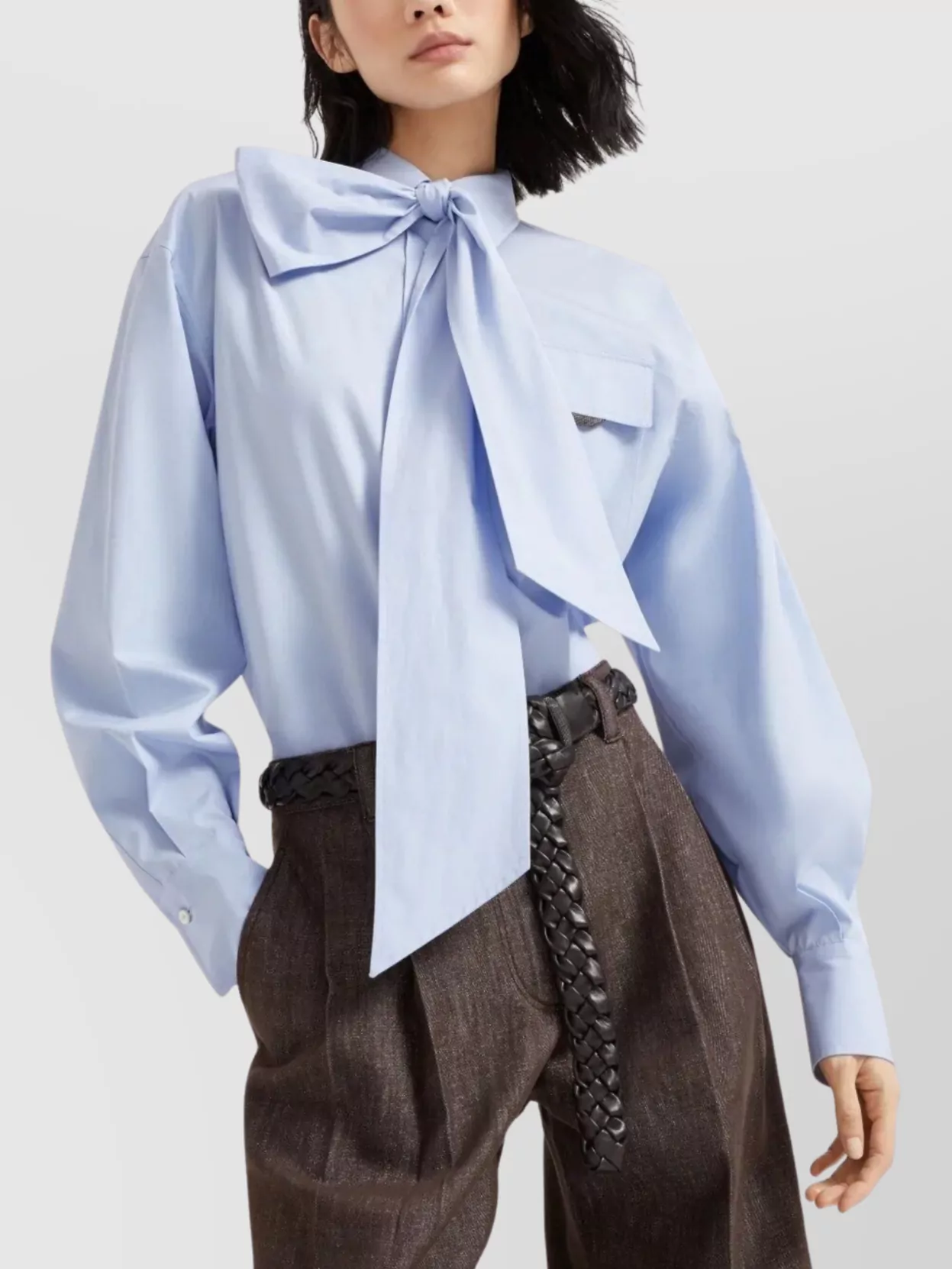 Brunello Cucinelli Long Sleeve Collared Shirt With Bow Detail In Blue