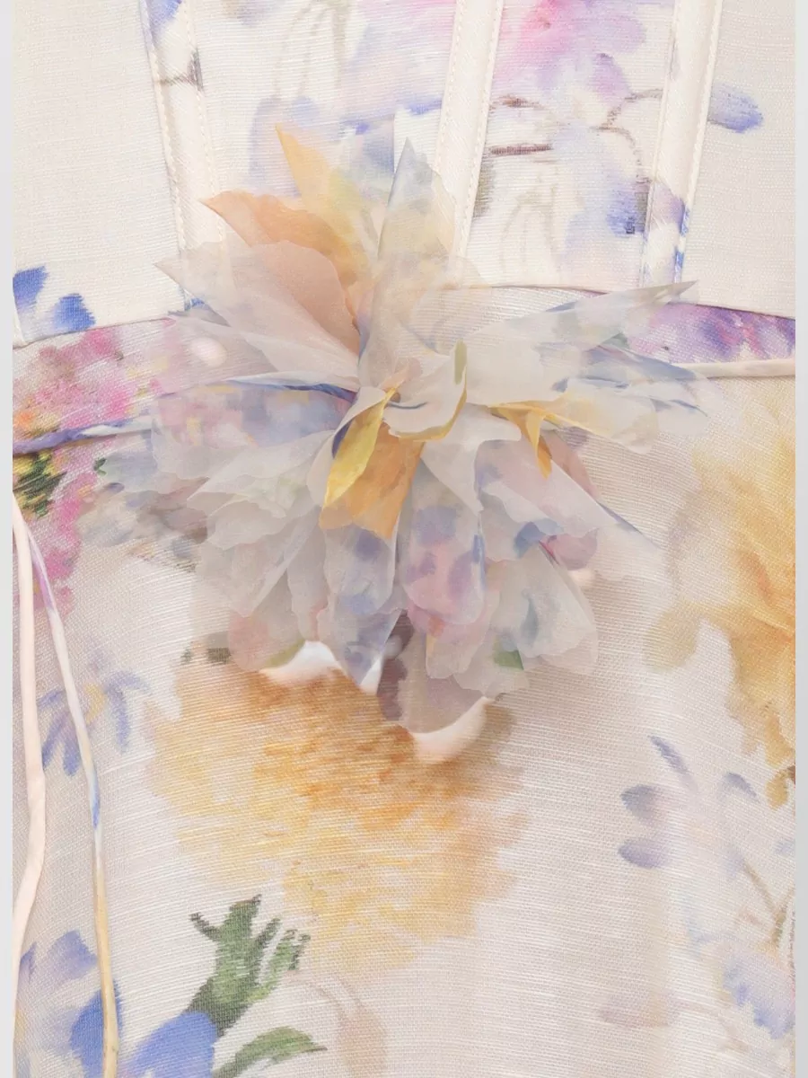 Zimmermann Silk Linen Floral Print Sweetheart Neck Sleeveless Midi Dress