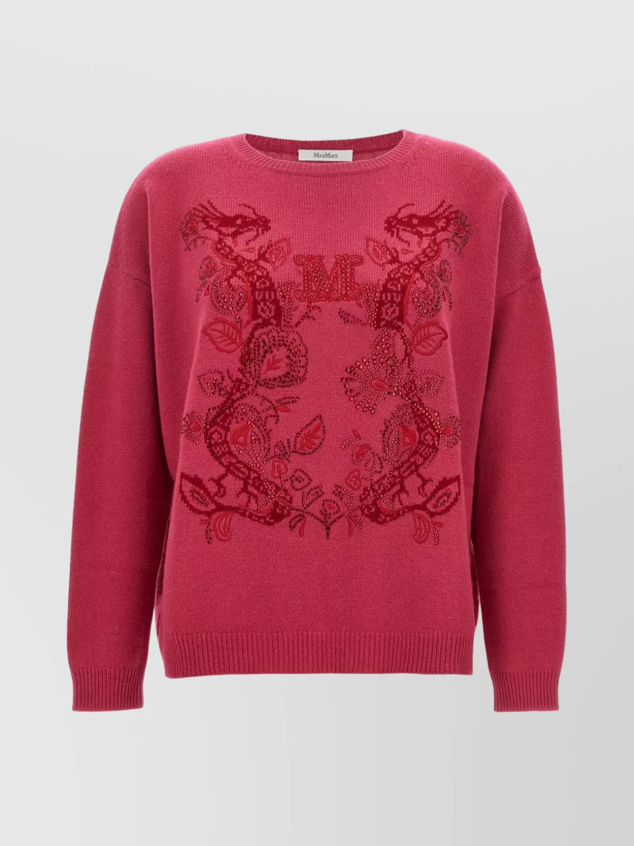 Max Mara Dragon Motif Crew Neck Sweater With Beaded Embellishments In Red