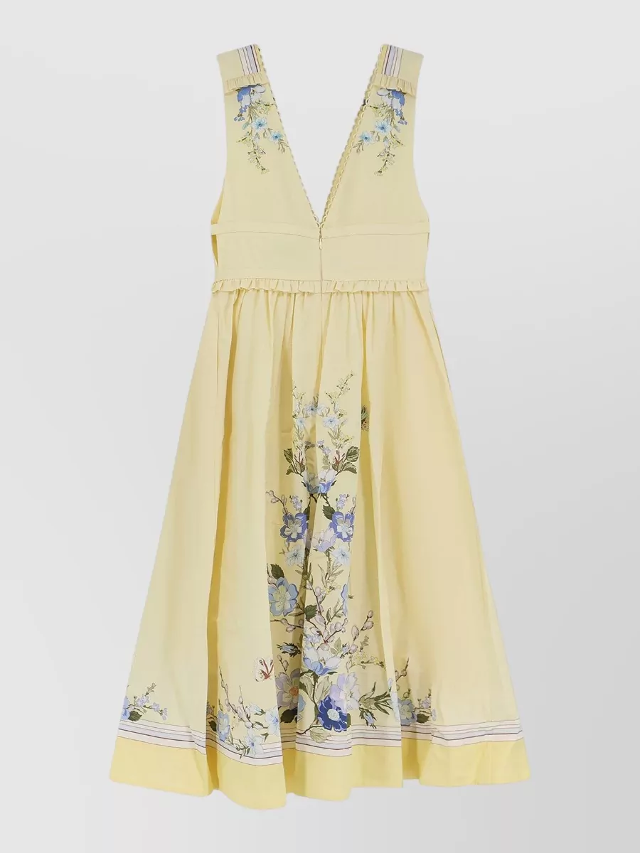 Self-Portrait Cotton Floral-Print Sleeveless V-Neck Midi Dress