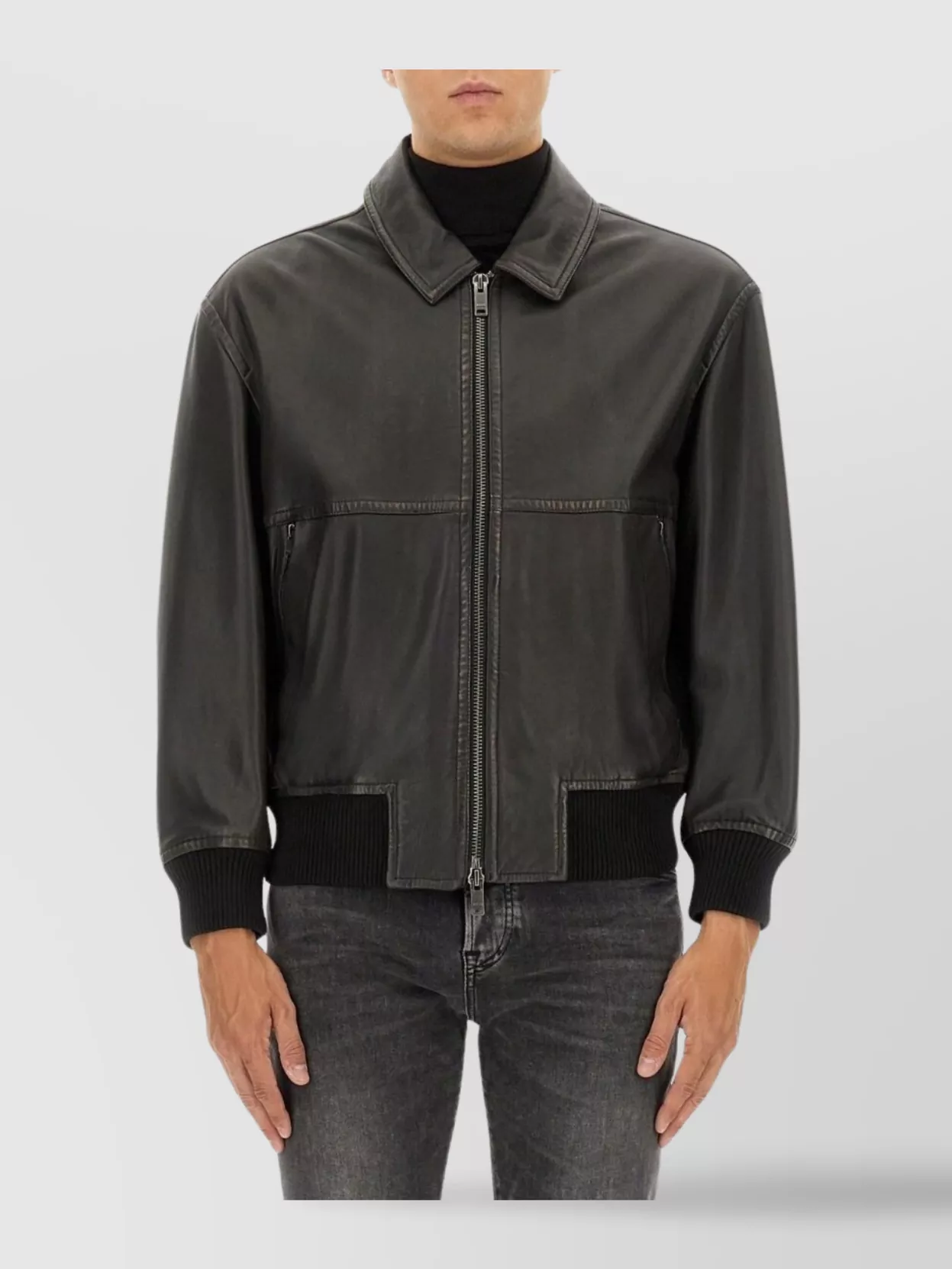 Boss Leather Jacket With Collared Design And Pockets