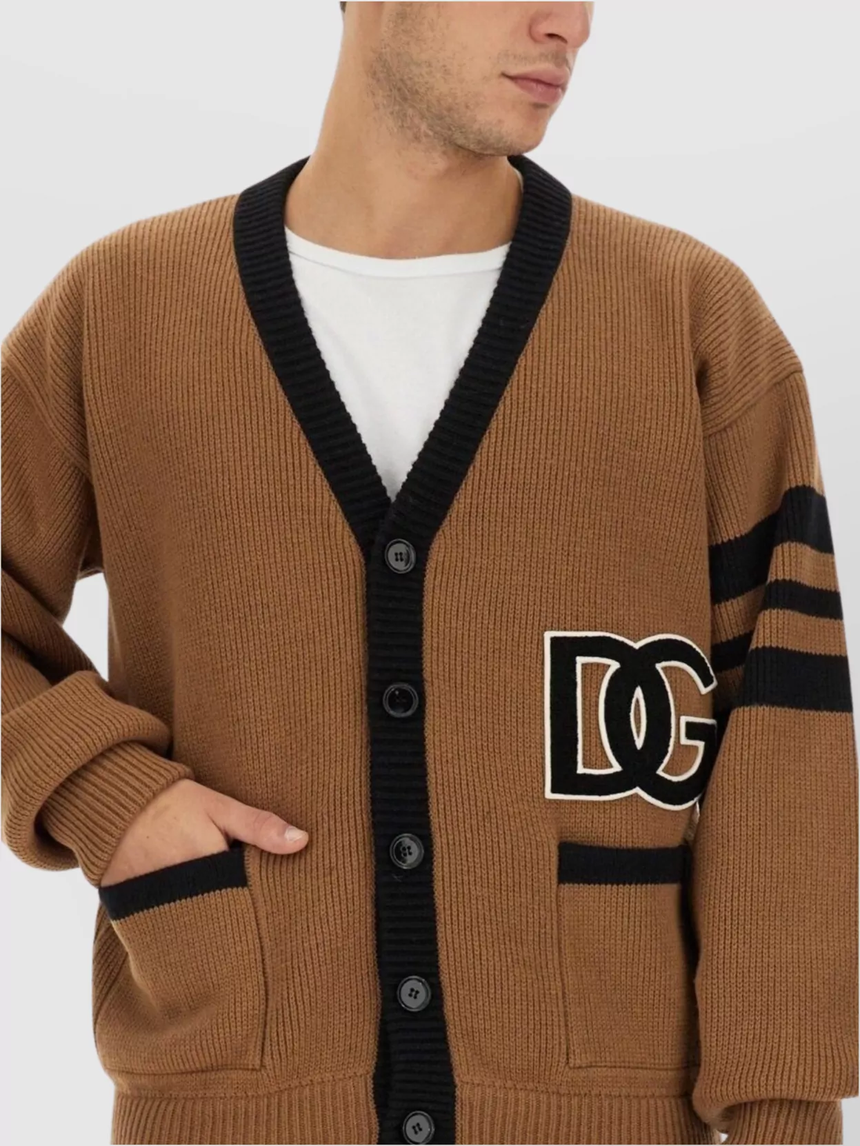 Dolce&Gabbana Ribbed Wool Cardigan Featuring Striped Sleeve