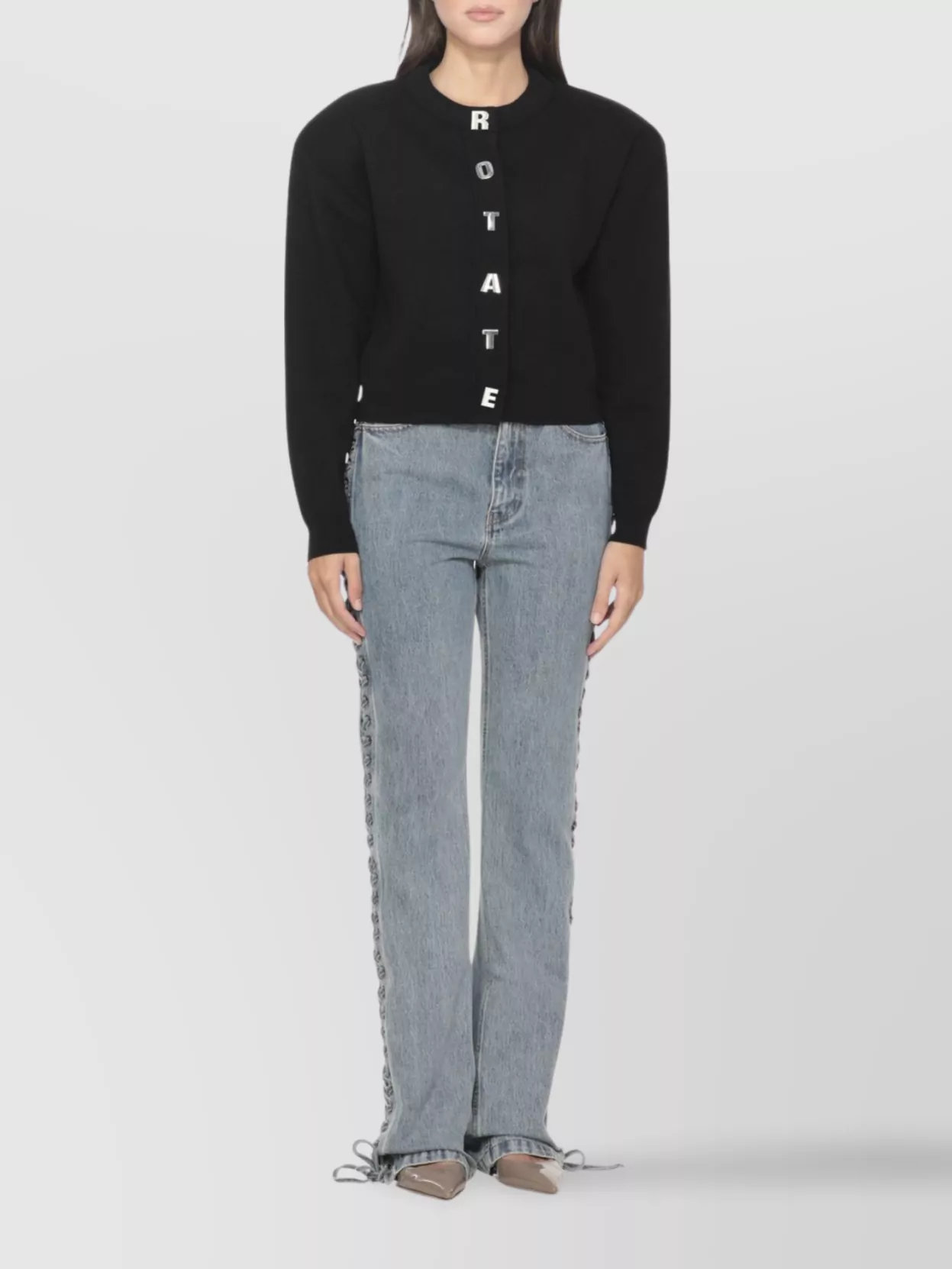 Rotate Cotton Crew Neck Cardigan With Metallic Lettering