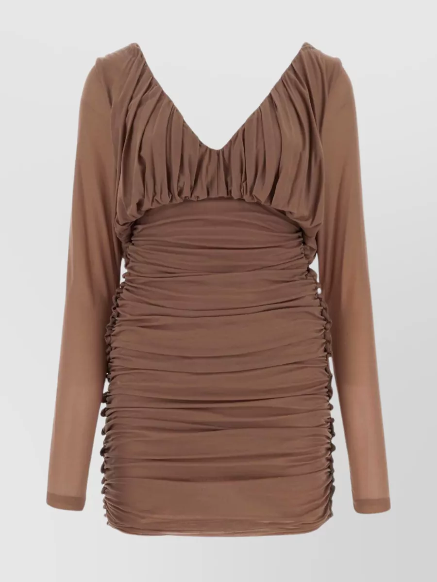 Shop Saint Laurent Jersey V-neck Mini Dress With Ruched Sleeves In Brown