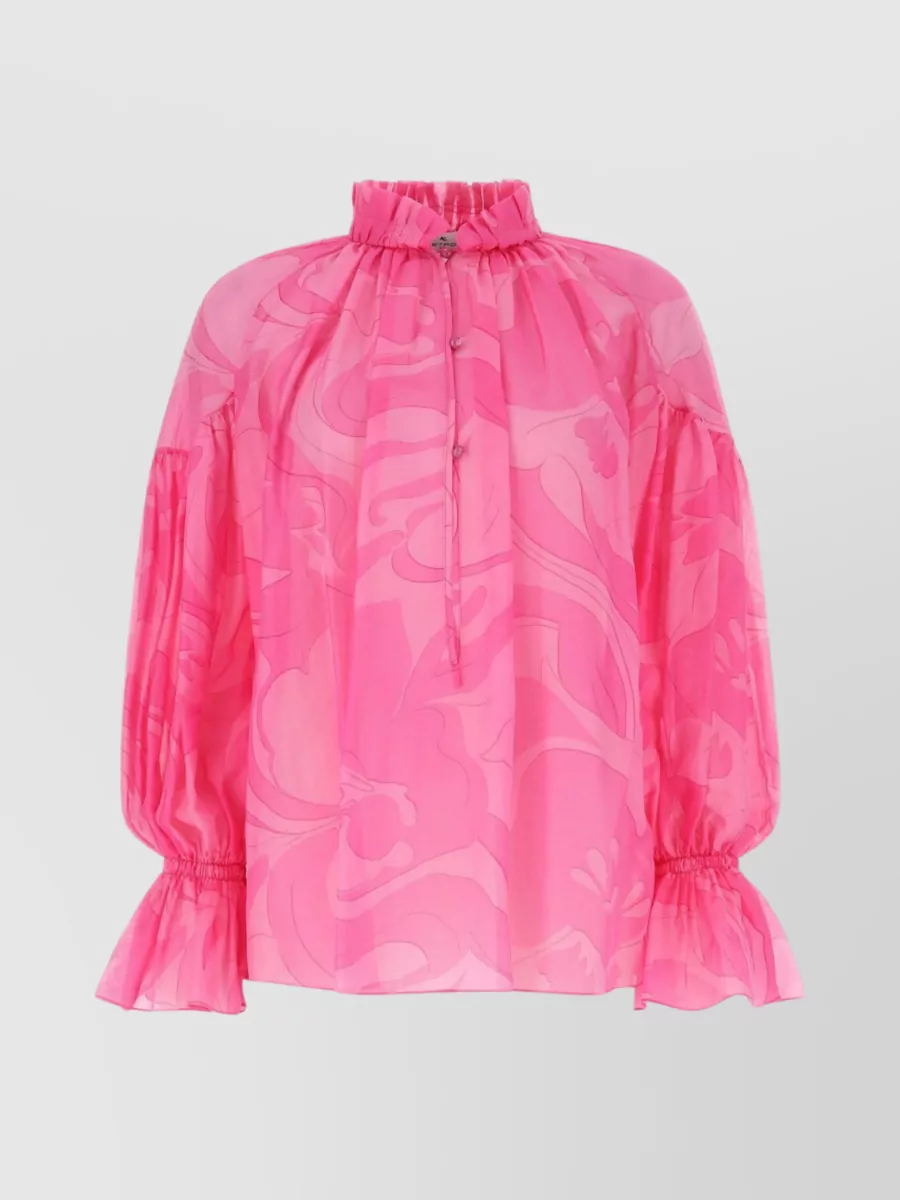 Shop Etro Sheer Top With Patterned Balloon Sleeves In Pink