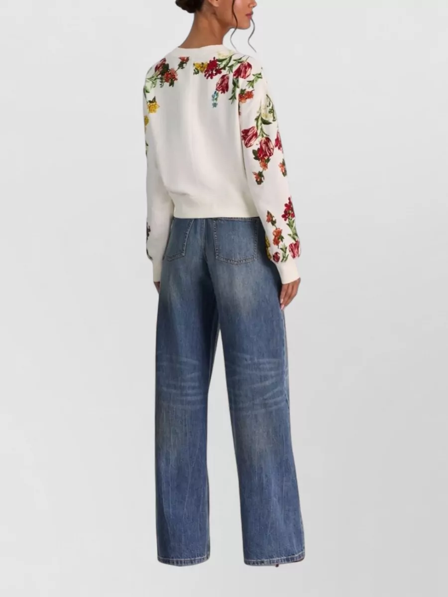 Alice + Olivia Embroidered Cotton Sequin-Embellished Crew-Neck Long-Sleeve Sweatshirt