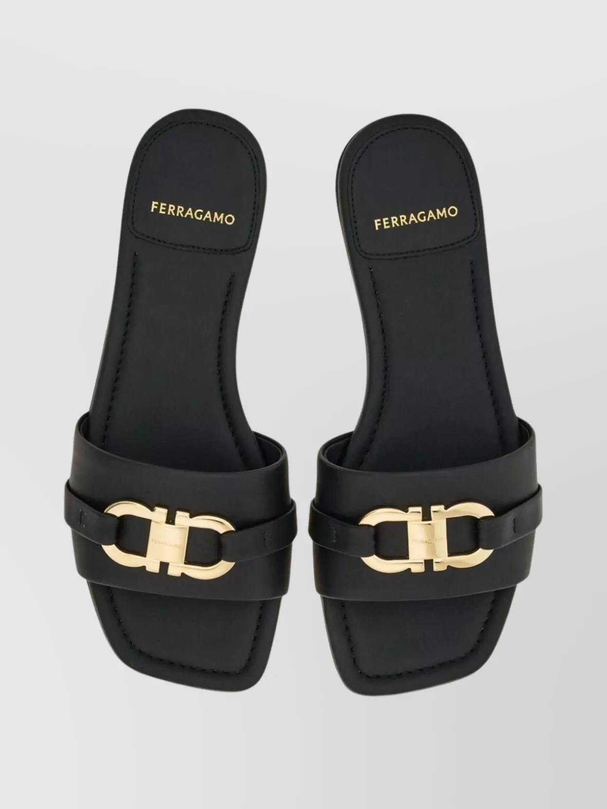 Ferragamo Open Toe Flat Sandals With Gold Hardware
