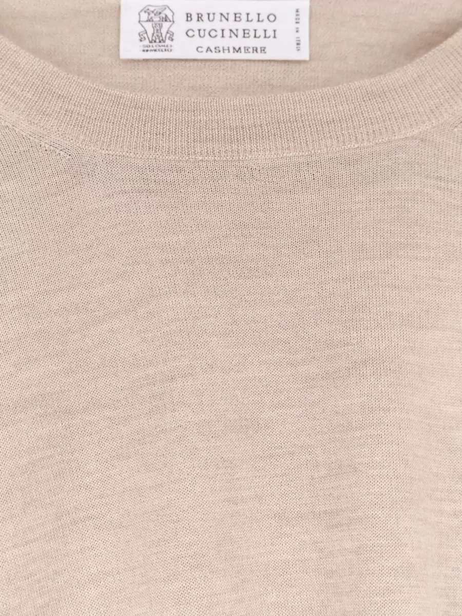 Brunello Cucinelli Cashmere Silk Ribbed Trim Crew Neck Long-Sleeve Sweater