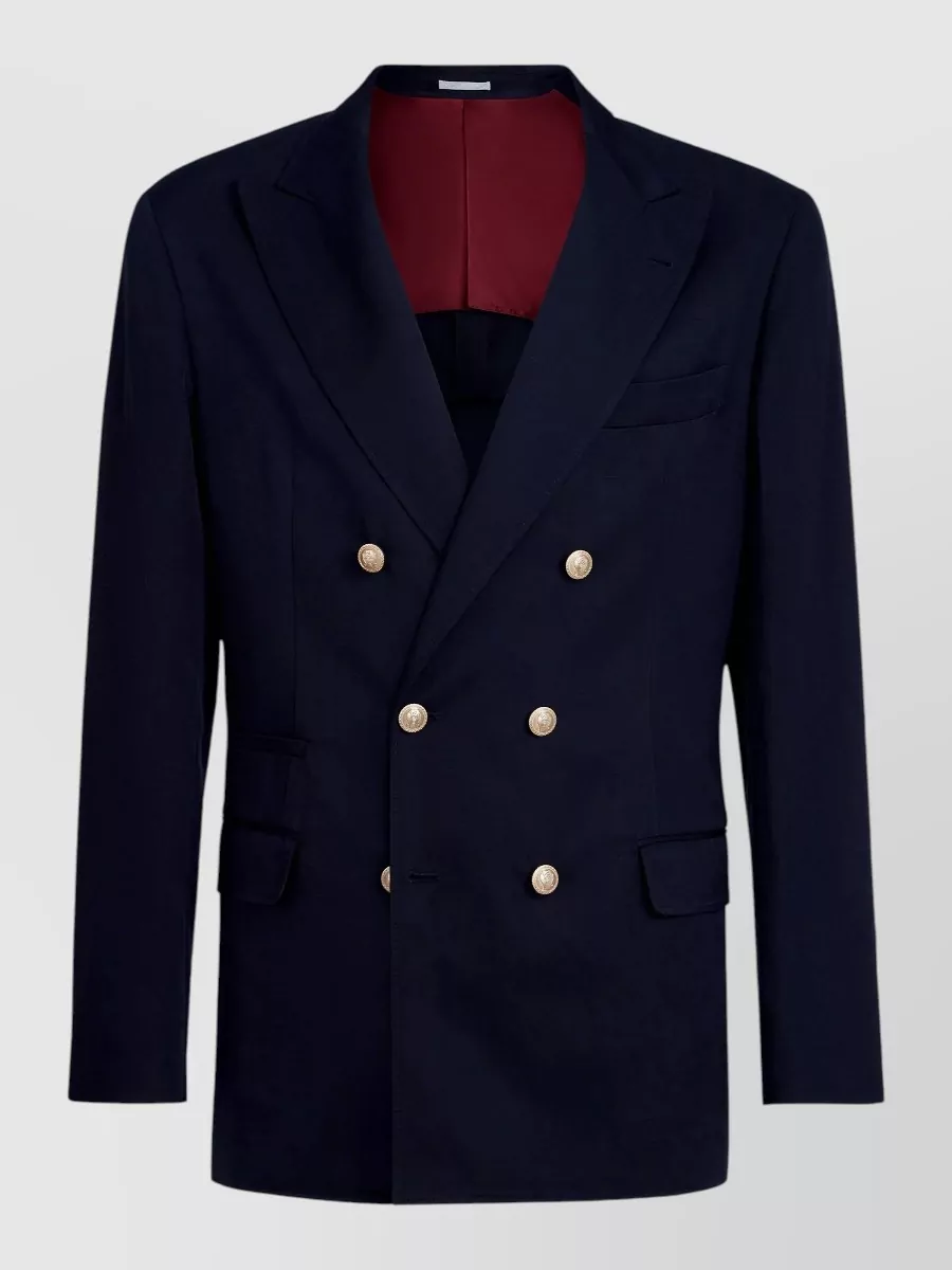Brunello Cucinelli Silk linen double-breasted blazer — The Brunello Cucinelli midnight navy double-breasted blazer mirrors Prada’s sharp DB structure and deep navy palette while keeping the mood quietly formal and evening focused.