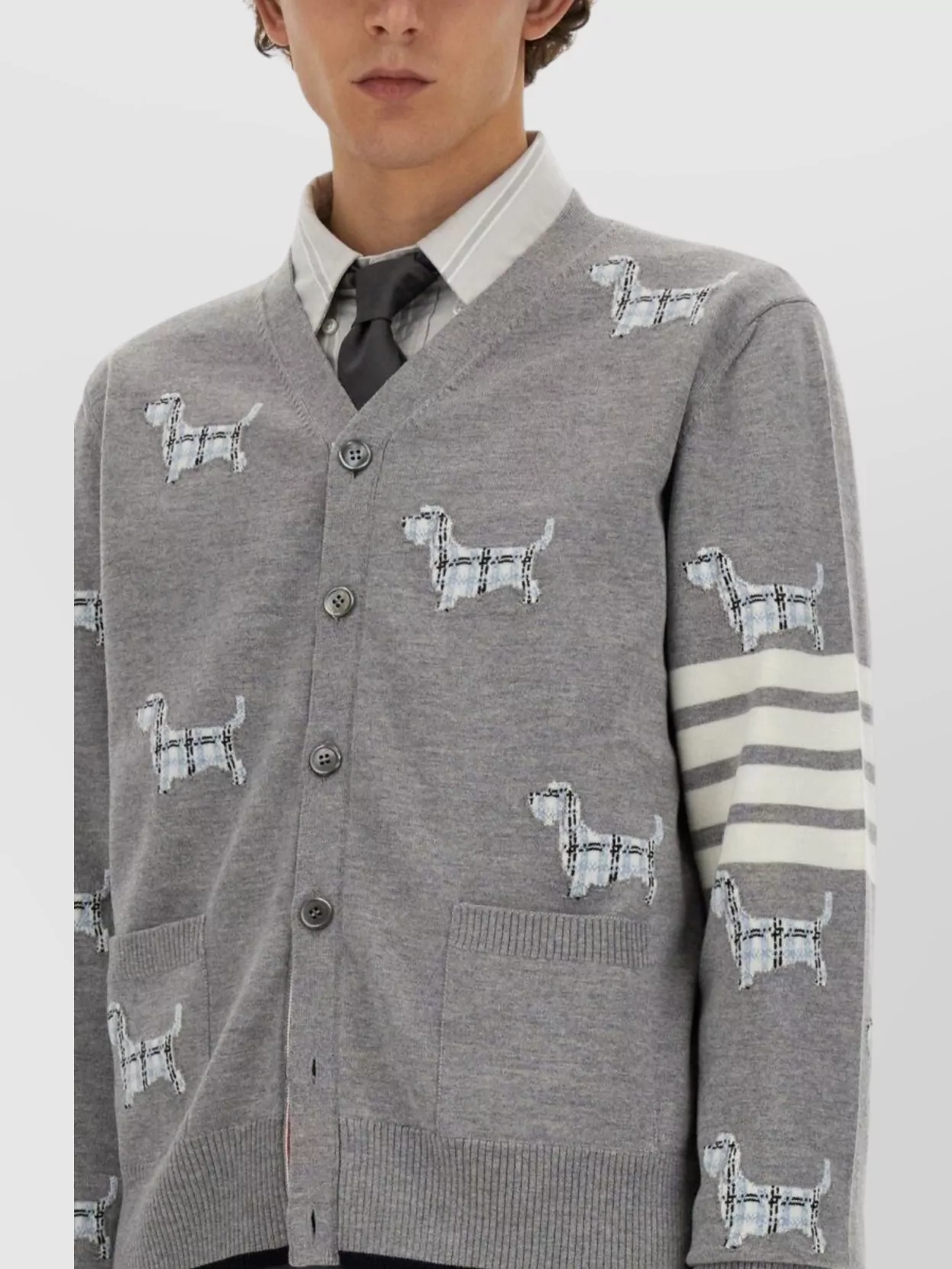 Thom Browne Embroidered Striped Wool Cardigan Pockets