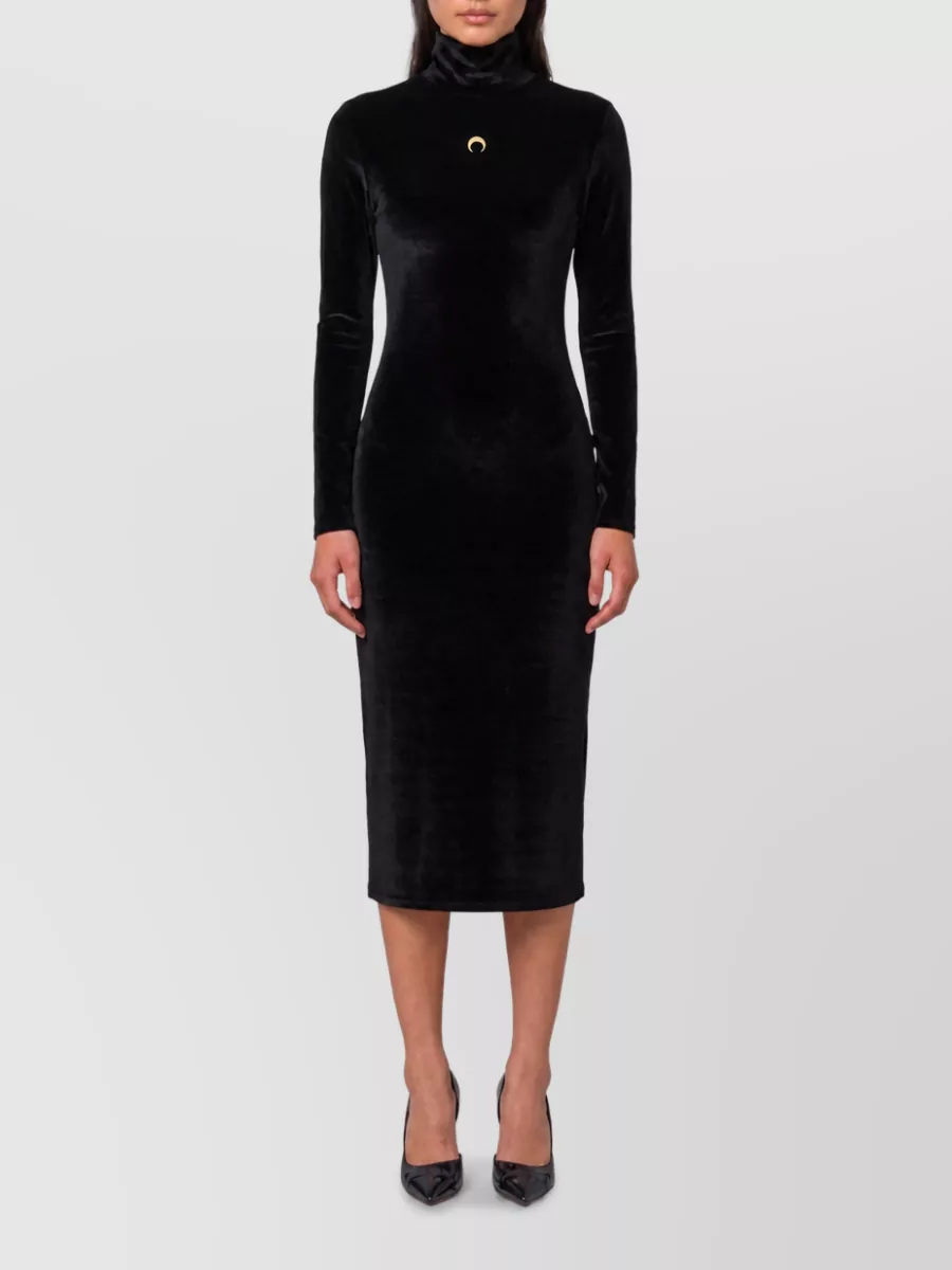 Marine Serre velvet logo-embroidered slim-fit high-neck long-sleeve midi dress