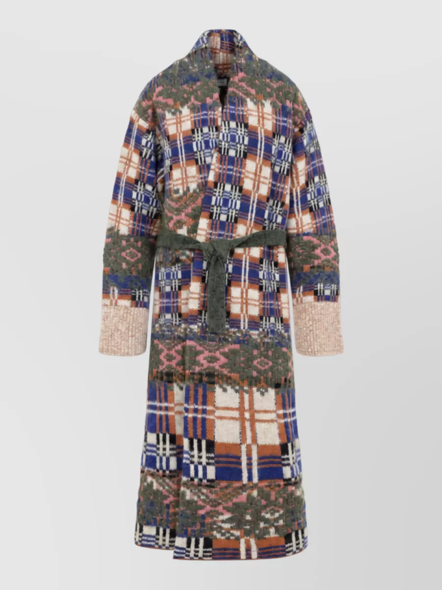 Dries Van Noten Wool Alpaca Jacquard Checked Belted Long Knit Coat
