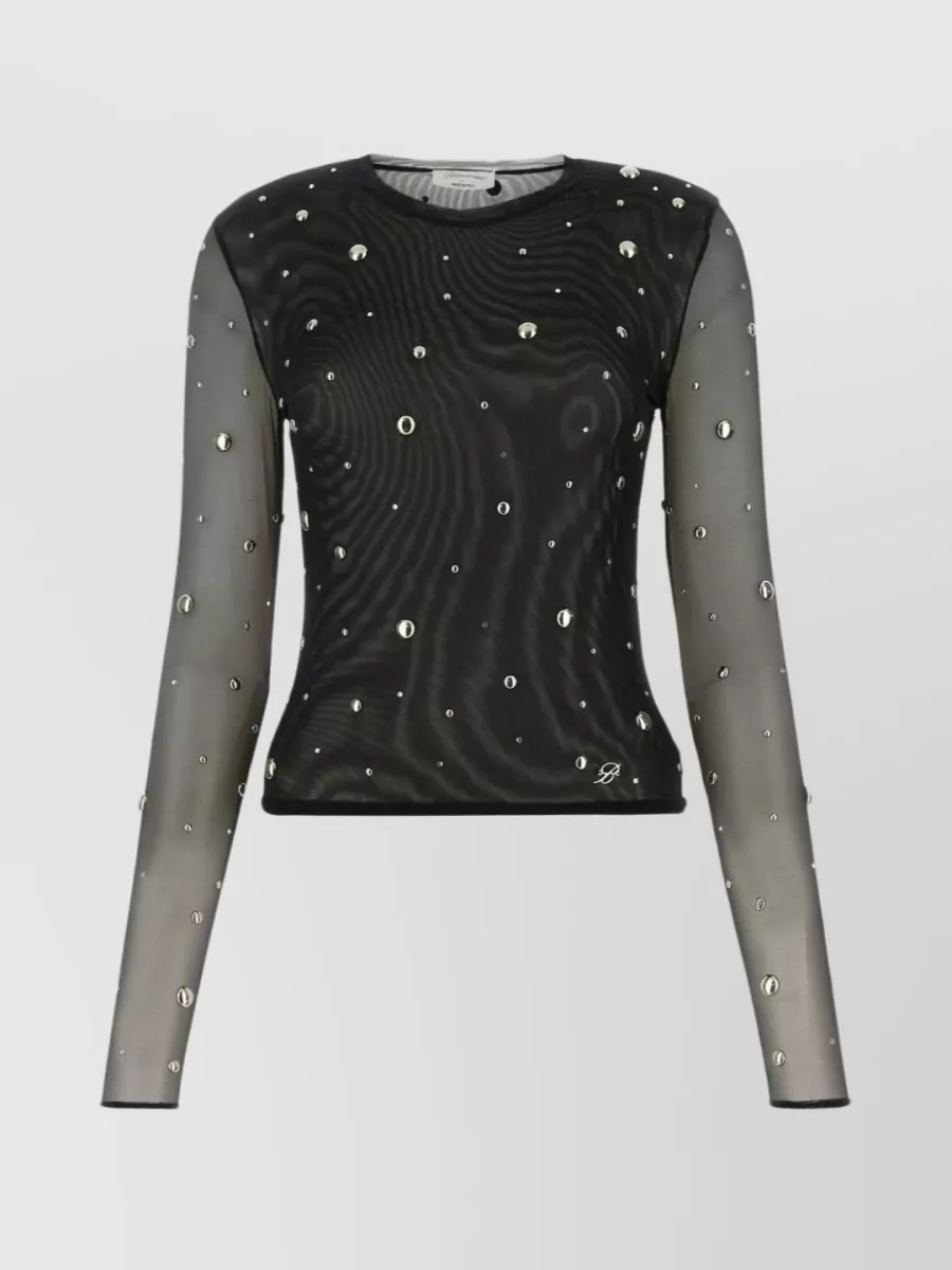 Shop Blumarine Fitted Sheer Top With All-over Metal Embellishments In Black