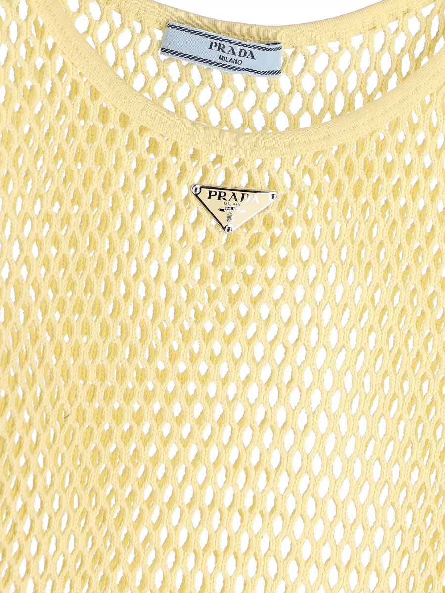 Prada Cotton Wide Neckline Ribbed Hem Top