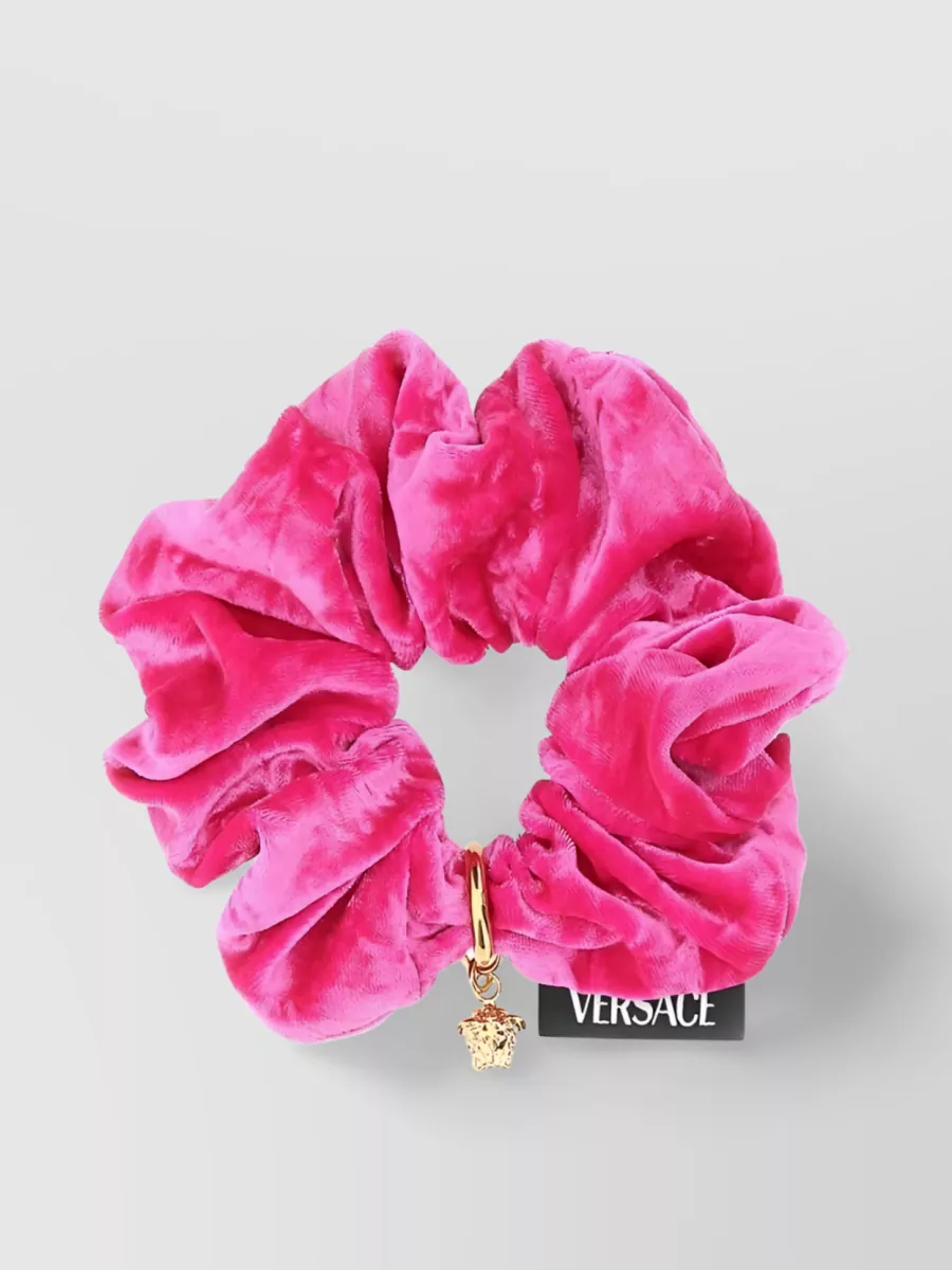 Shop Versace Medusa Velvet Stretch Scrunchie In Pink