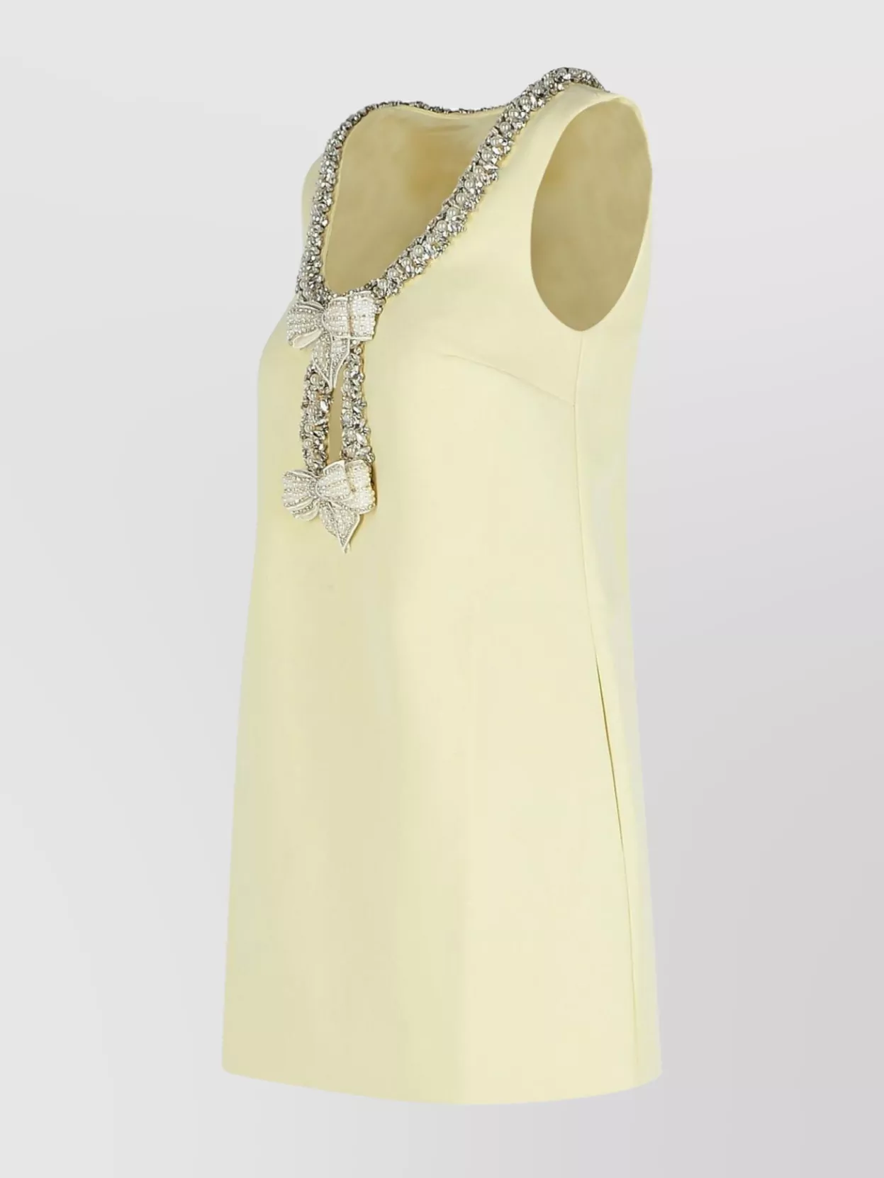 Self-portrait Yellow Crewneck Mini Dress With Jewel Embellishment On The Collar And Bow Detail On The Front In Tec In Nude