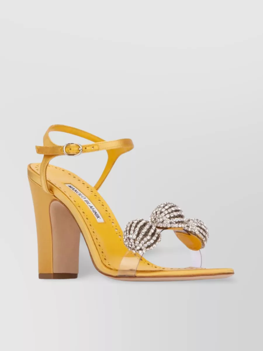 Shop Manolo Blahnik Ostria Satin Sandals With Embellished Ankle Strap In Yellow