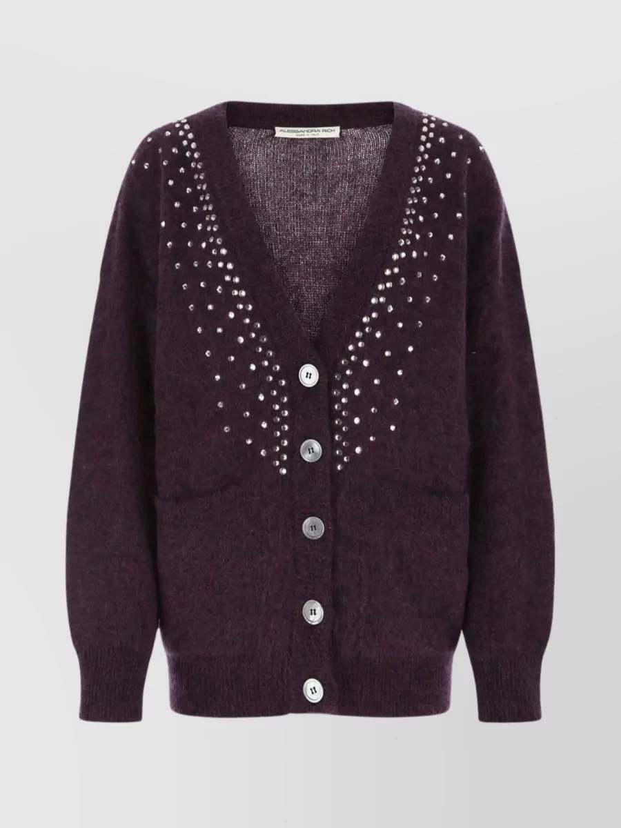 Shop Alessandra Rich V-neck Oversized Cardigan With Rhinestones And Pearl Embellishments In Black
