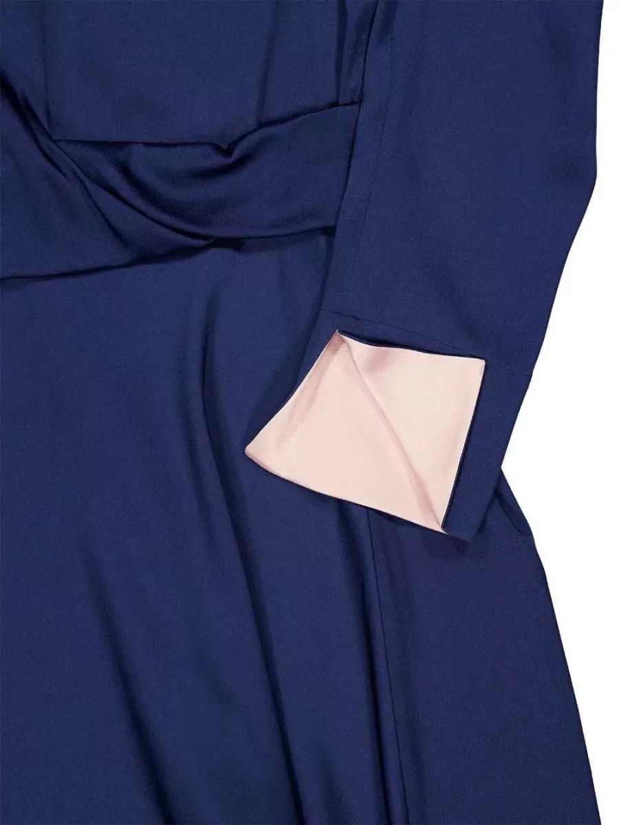 Stella Mccartney Satin Draped High Neck Long Sleeve Asymmetric Midi Dress