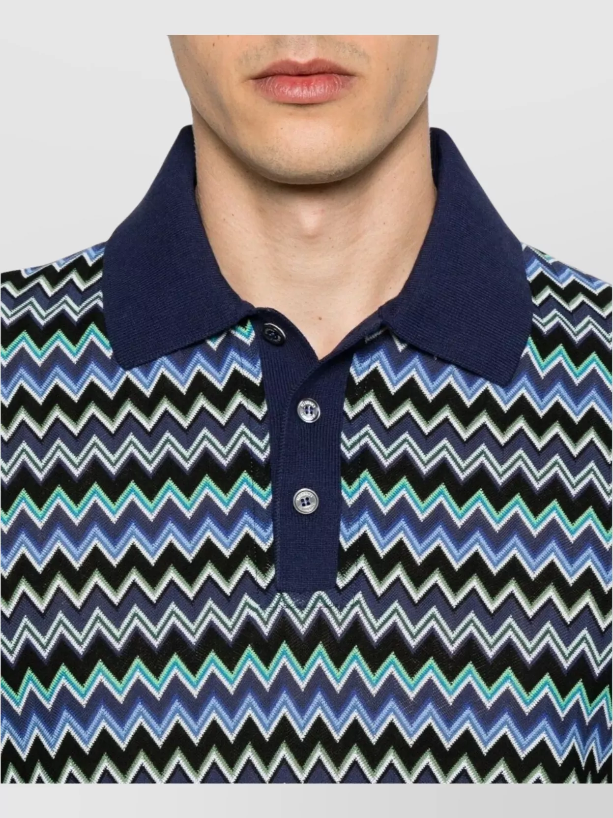 Missoni Short-sleeved Blue Cotton Knit Polo Shirt Wit