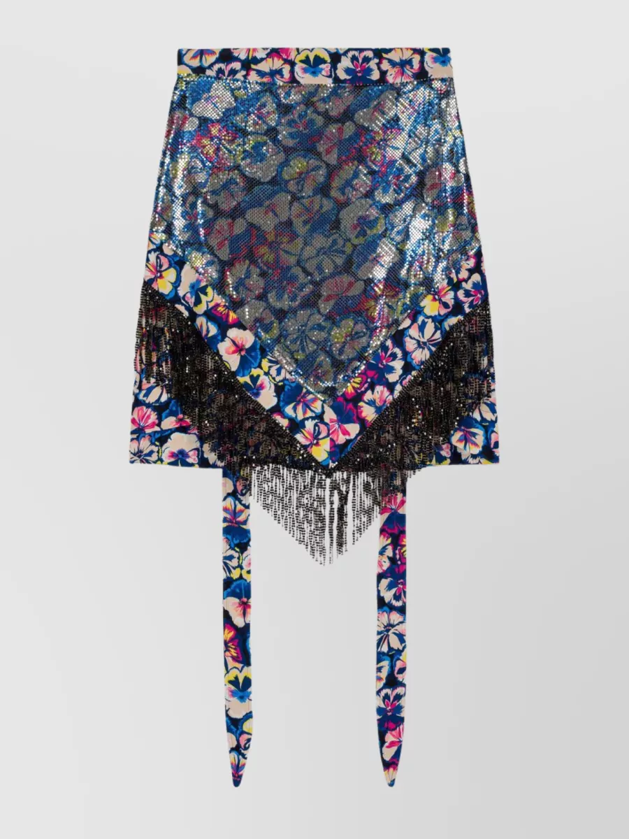 Shop Rabanne Mini Skirt With Fringed Floral Print In Blue