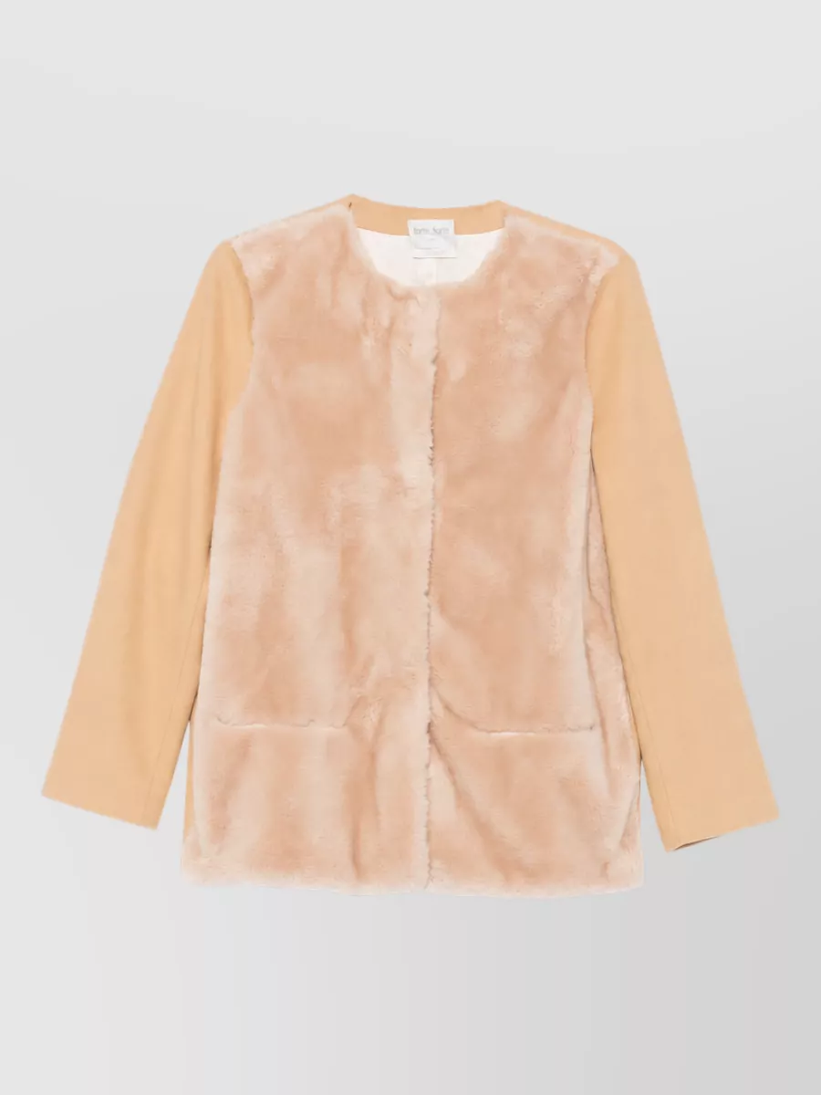 Forte Forte wool faux fur panel round neck long sleeve coat