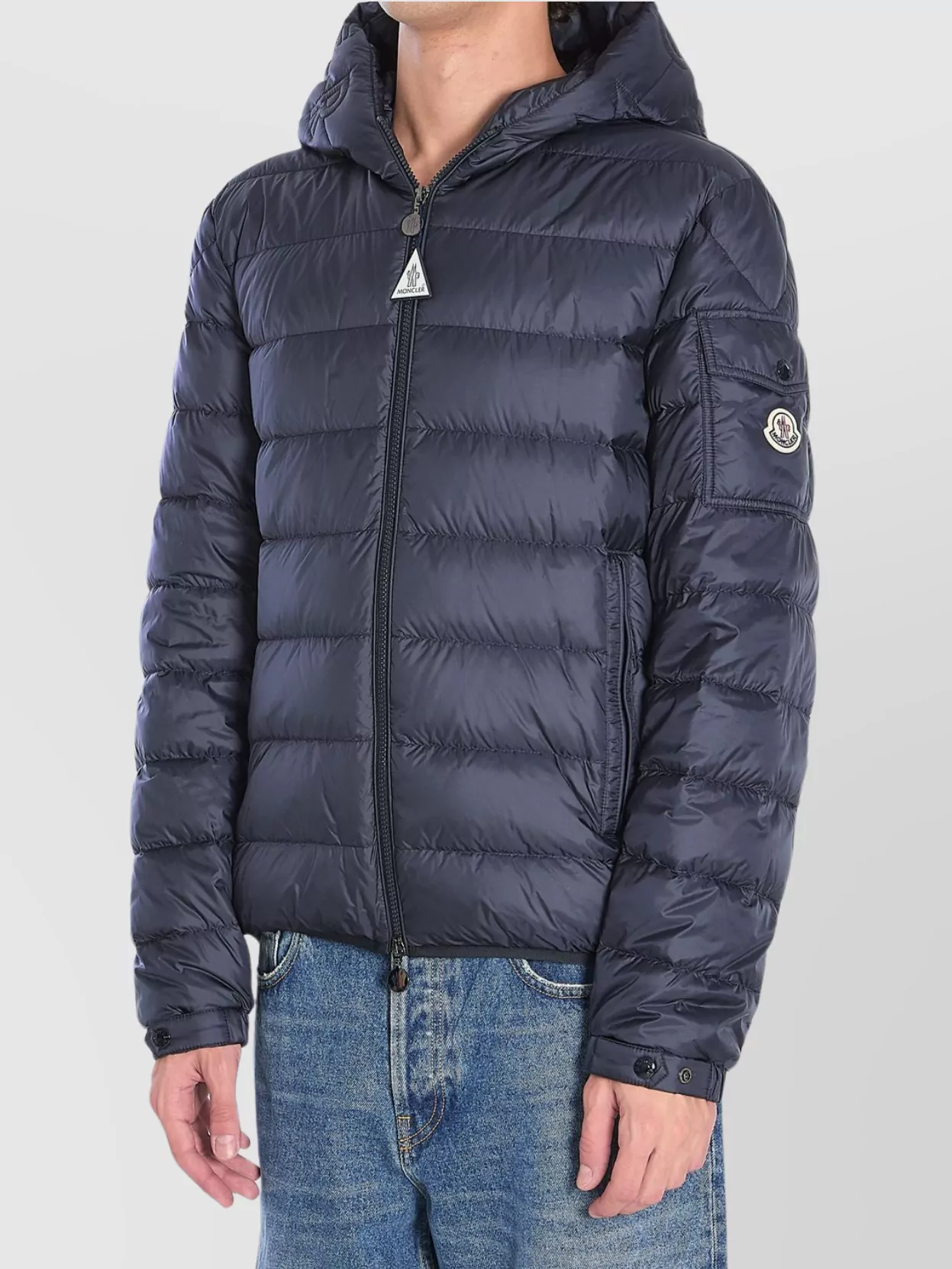Moncler Puffer Jacket With Adjustable Cuffs And Hood In Blue