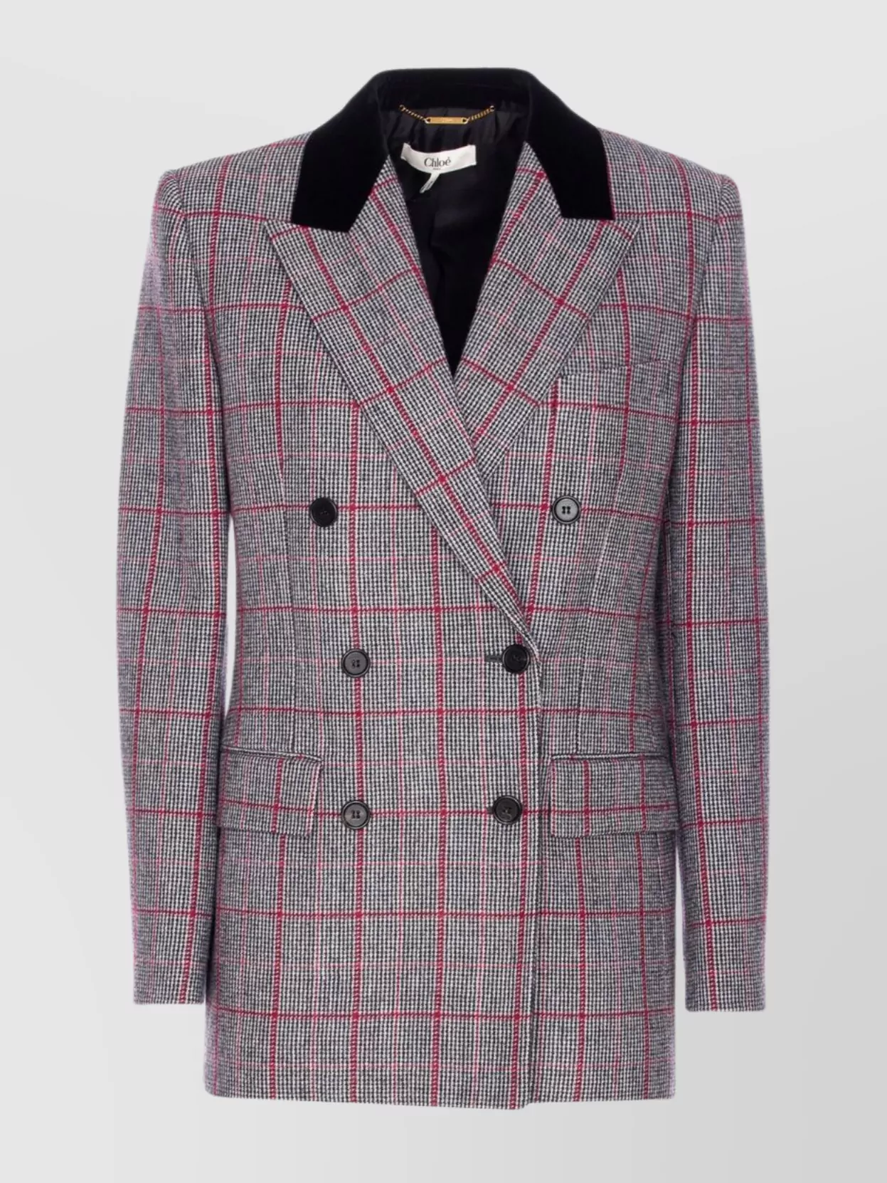 Chloé Double-breasted Velvet-trimmed Checked Wool Blazer