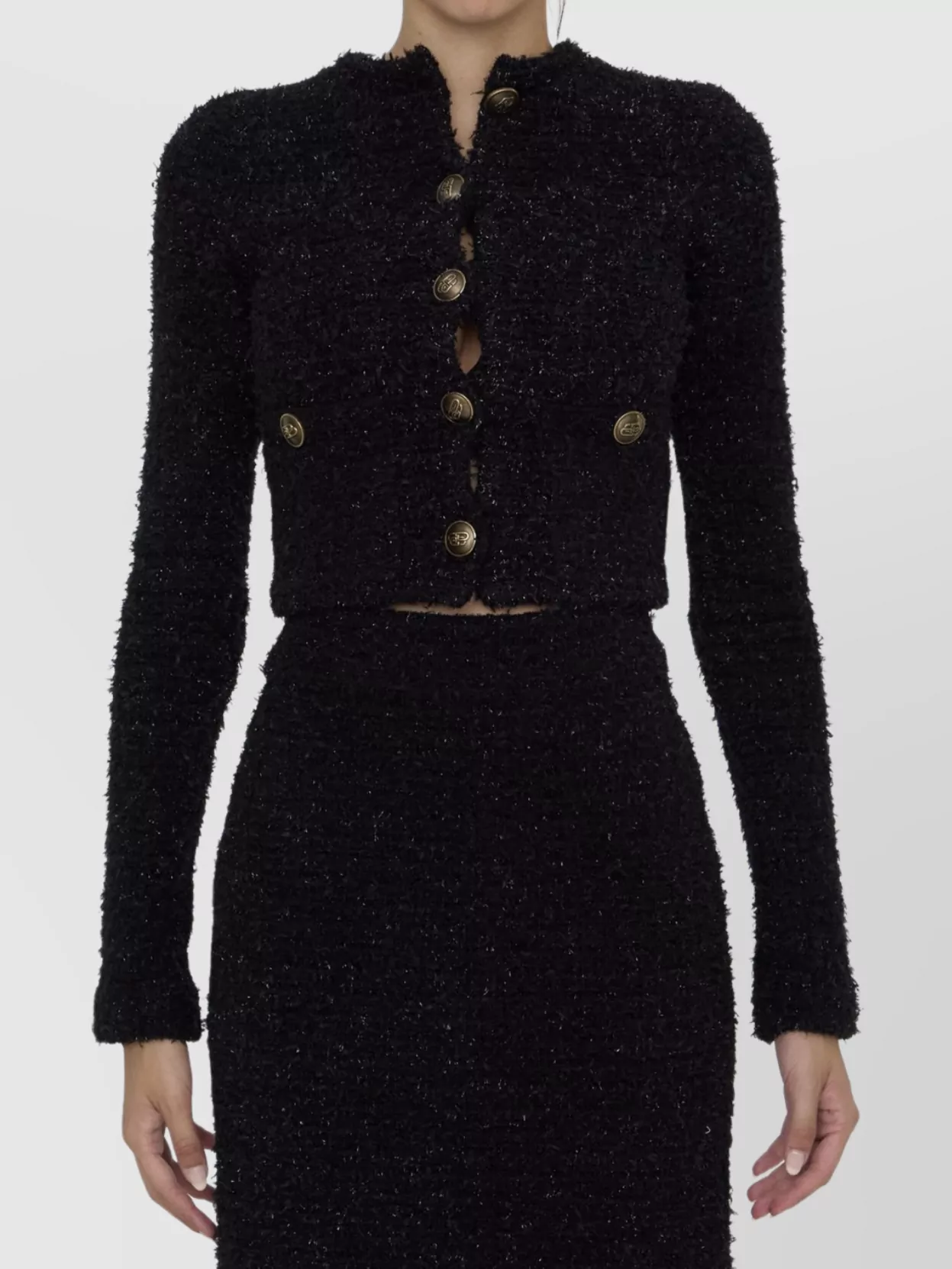 Balenciaga Button Detailing Tweed Cropped Cardigan In Black