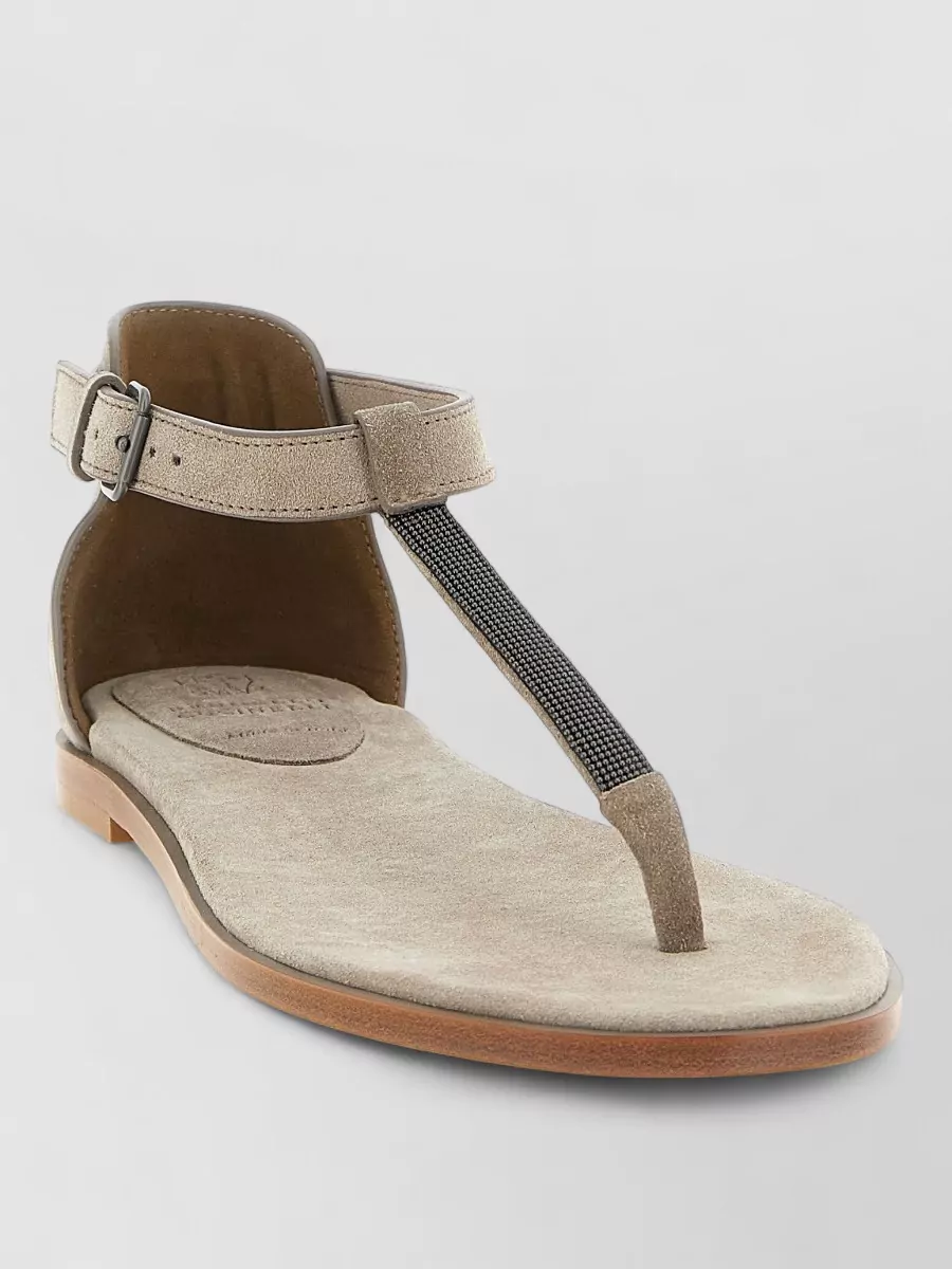 Brunello Cucinelli Suede T-Strap Flat Sandals
