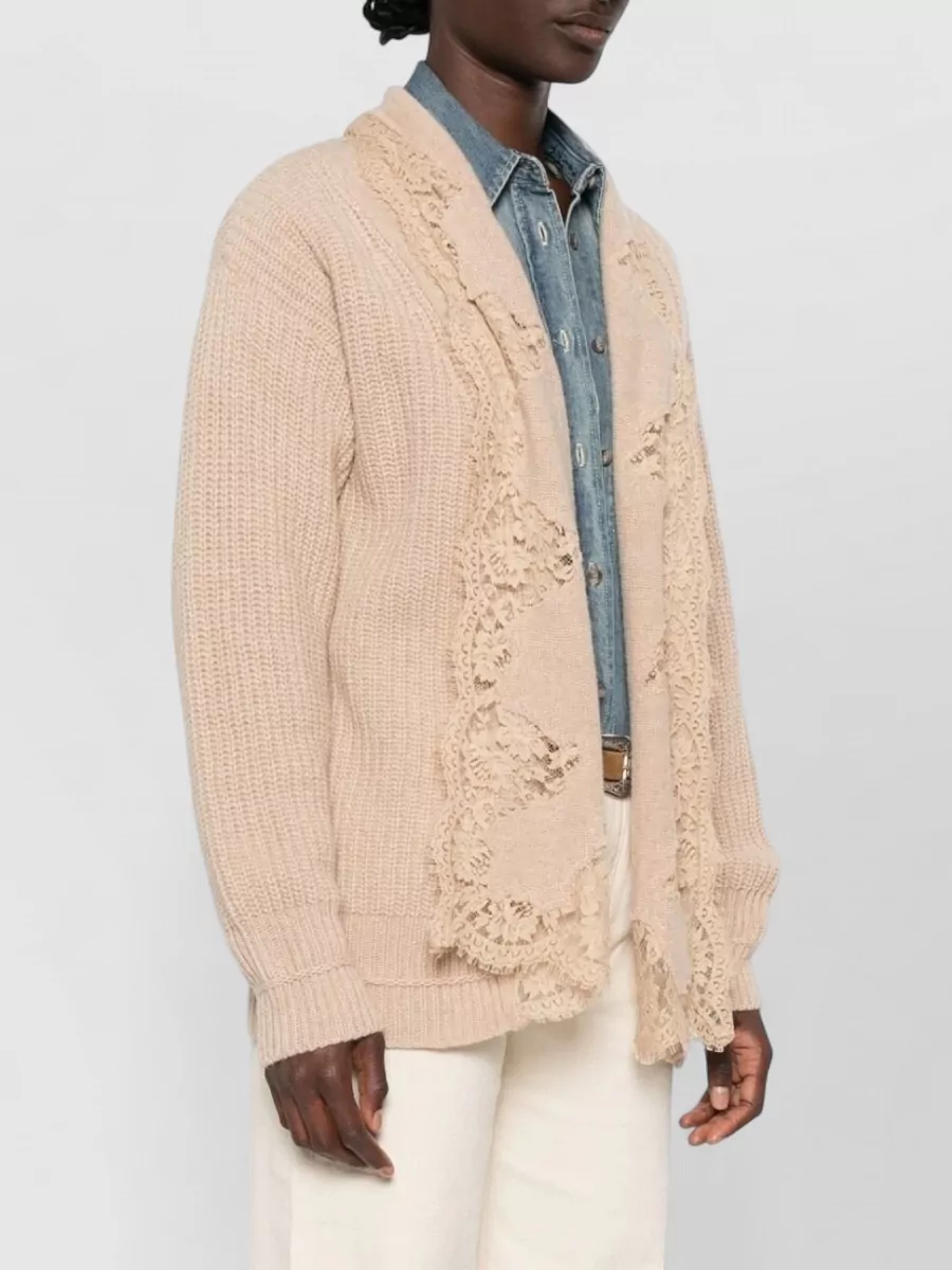 Ermanno Firenze Ribbed Lace Trim Cardigan