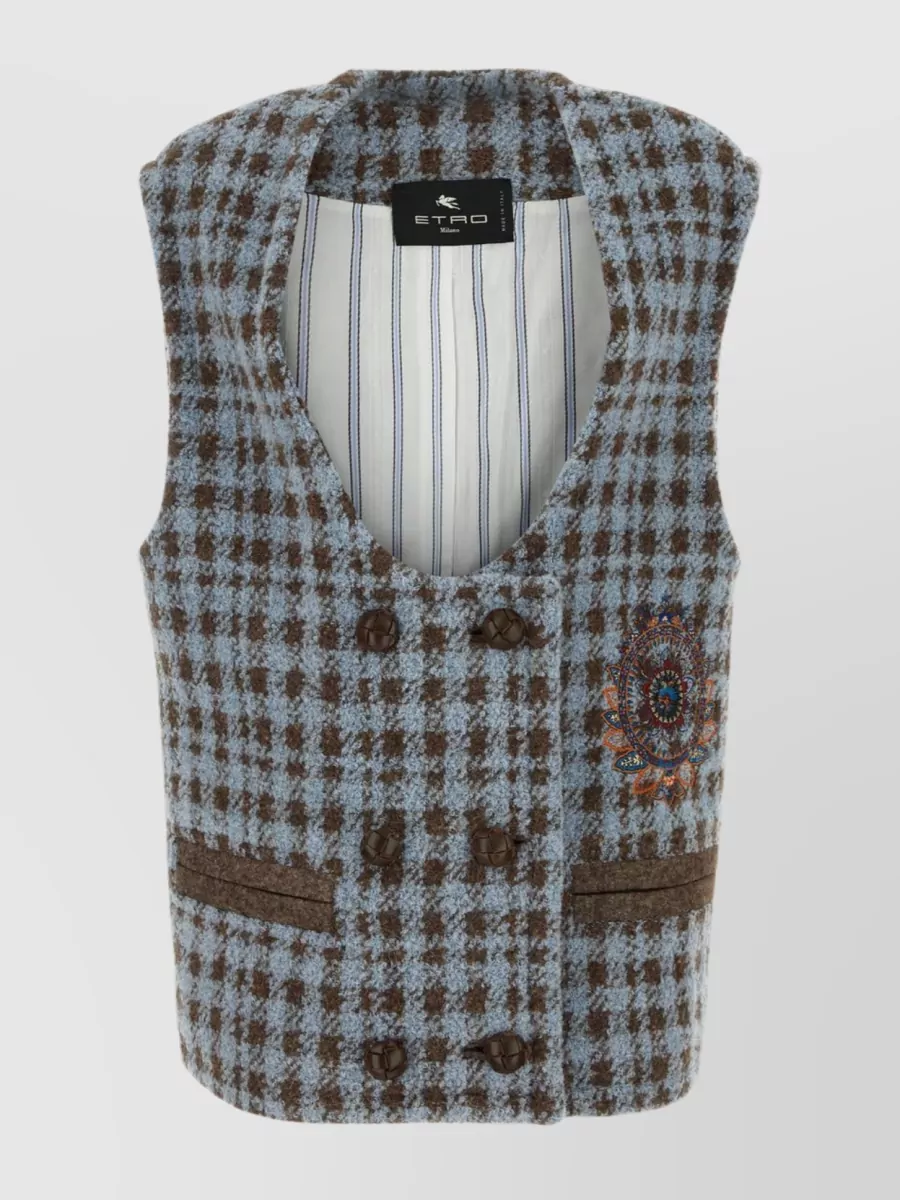 Shop Etro Front Embroidered Wool Vest In Grey