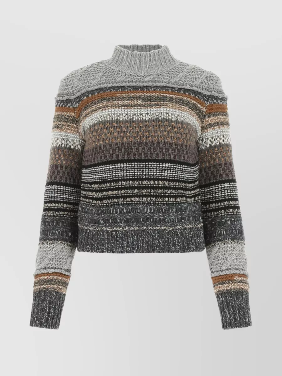 Shop Chloé Striped Ribbed Turtleneck Sweater In Brown