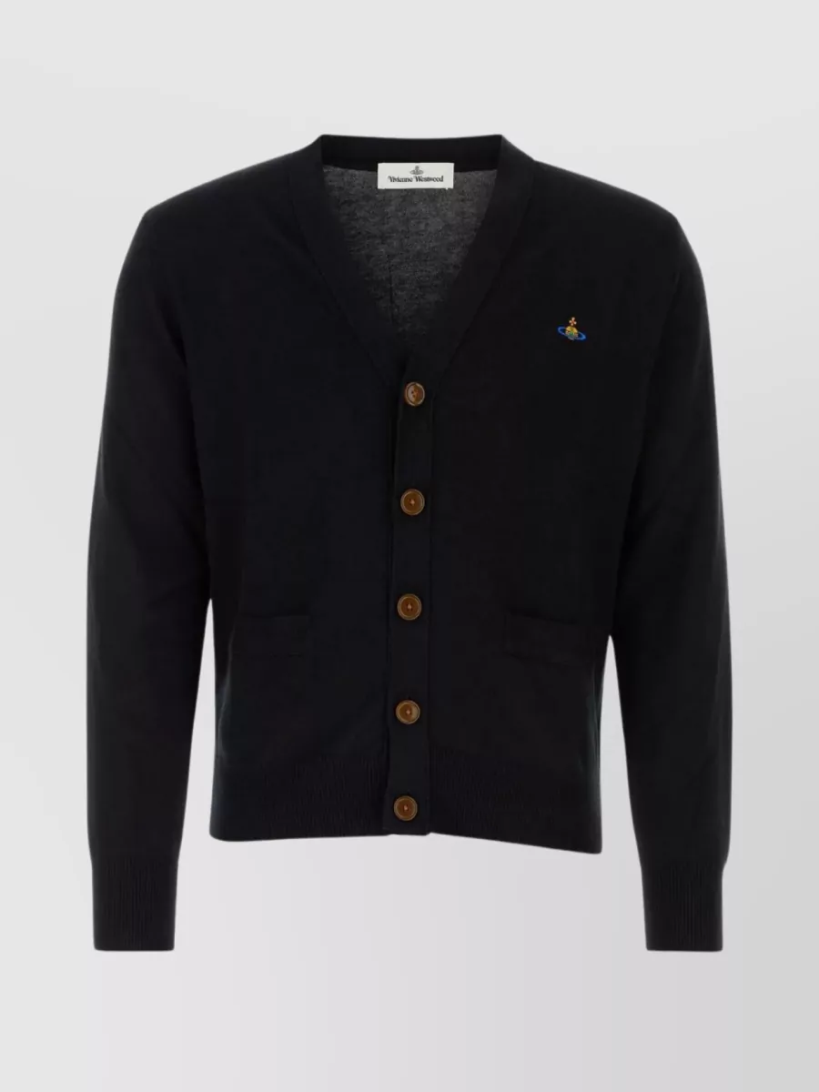 Shop Vivienne Westwood Orb V-neck Cardigan With Ribbed Hem And Front Pockets In Black