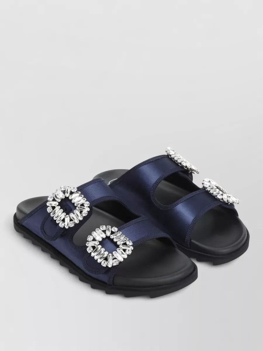 Roger Vivier Strass Buckle Double Strap Flat Mules In Blue