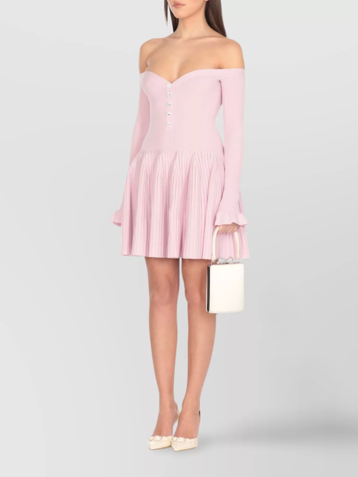 Self-Portrait Jeweled Button Off-Shoulder Pleated V-Neck Dress