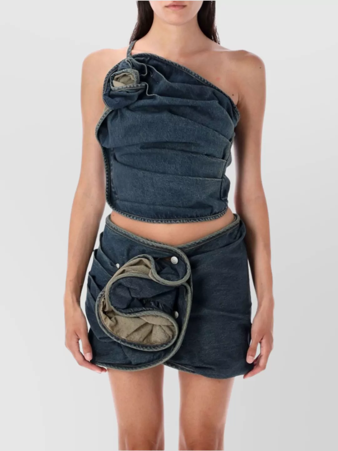 Magda Butrym Asymmetric Denim Floral One-shoulder Ruched Top
