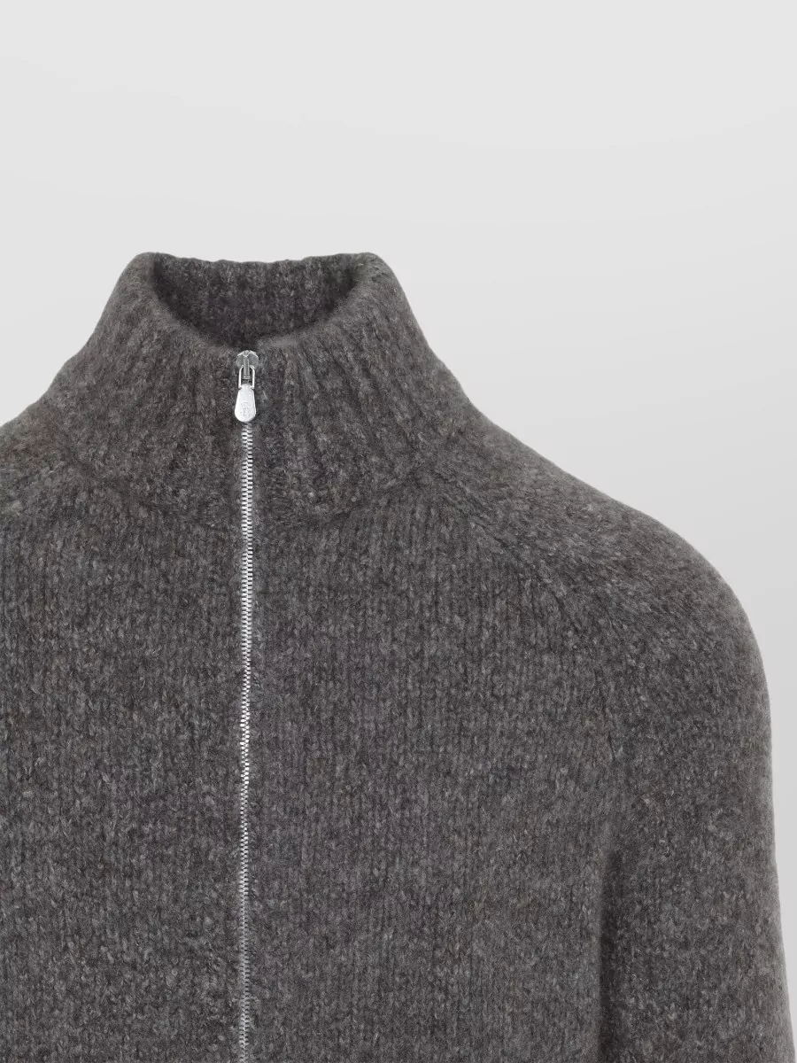 Brunello Cucinelli Cashmere Silk Ribbed Stand Collar Zip Cardigan