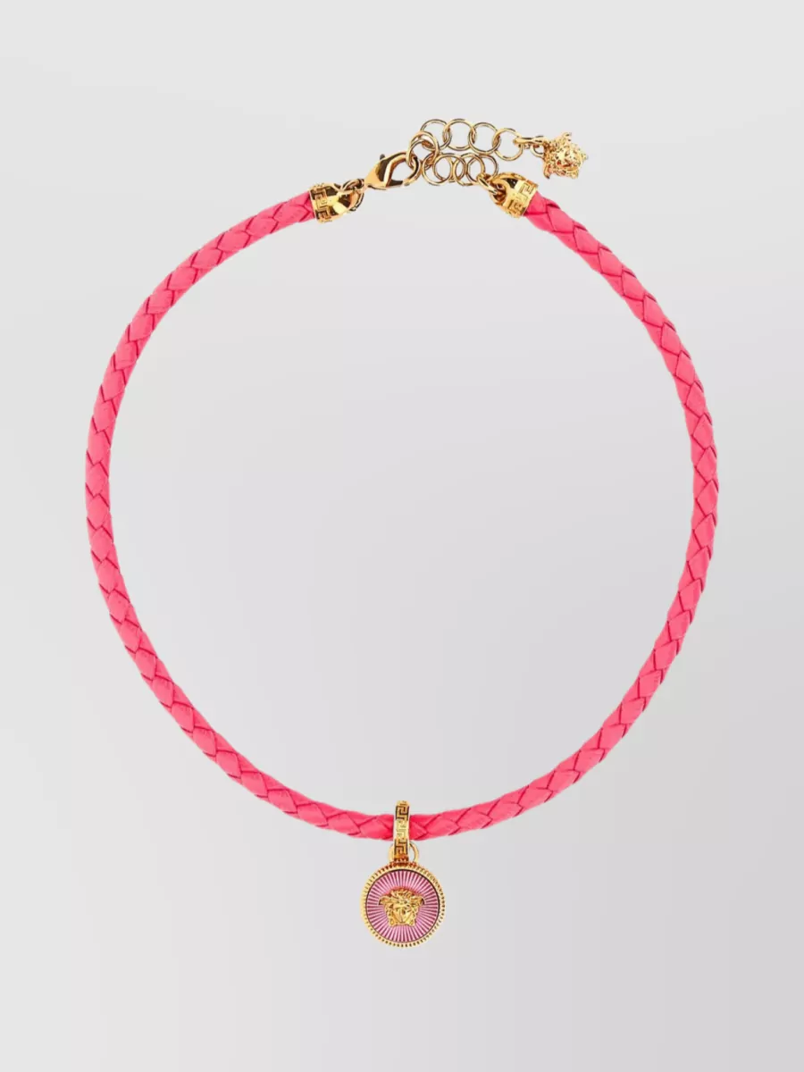 Shop Versace Medusa Pendant Braided Leather Necklace In Pink