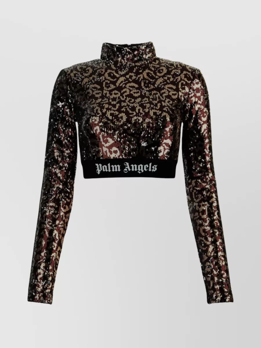 Shop Palm Angels Cropped Sequin-embellished Polyester Top In Brown