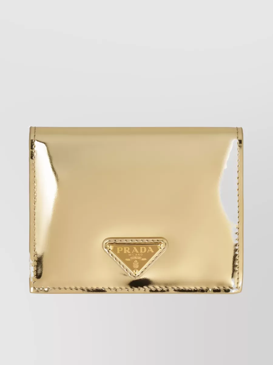 Shop Prada Logo Detail Gold-tone Leather Cardholder In Beige