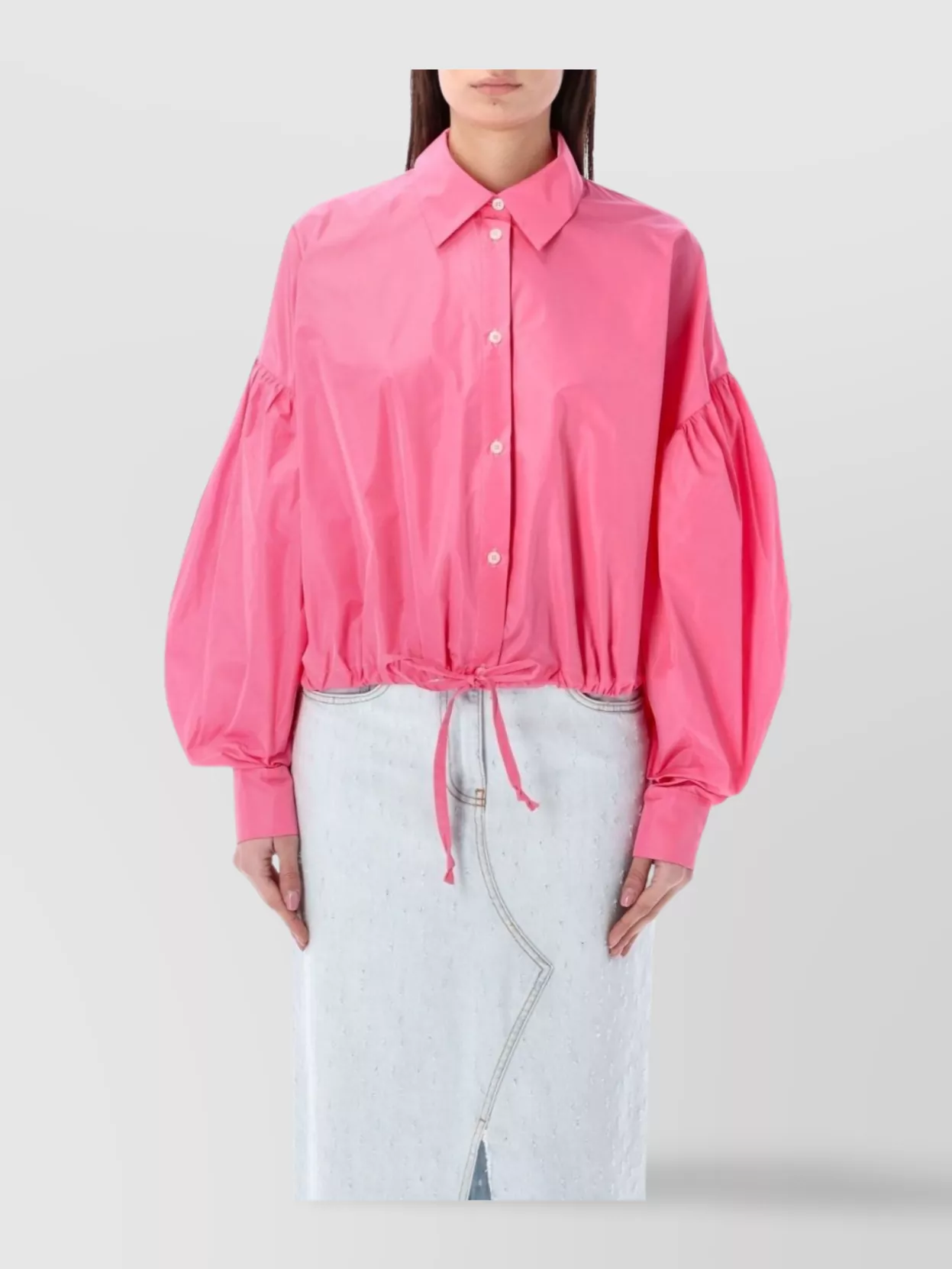Msgm Taffeta Shirt With Balloon Sleeves And Collared Neck In Pink