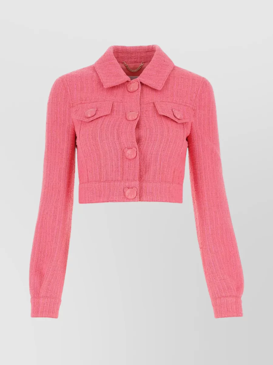 Shop Moschino Textured Cropped Boucle Jacket With Buttoned Cuffs In Pink