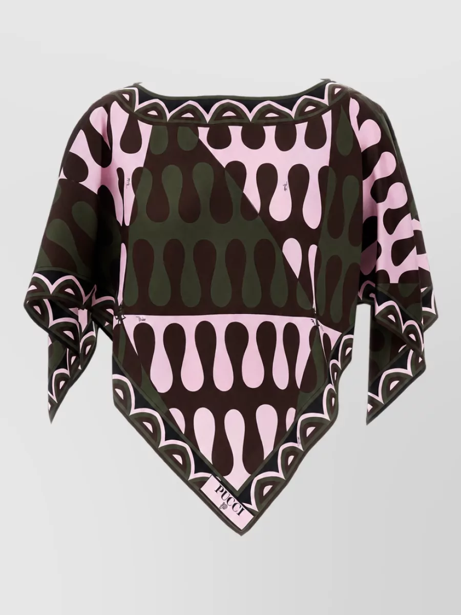 Pucci Silk Leocorno Print Boat Neck Cape Blouse