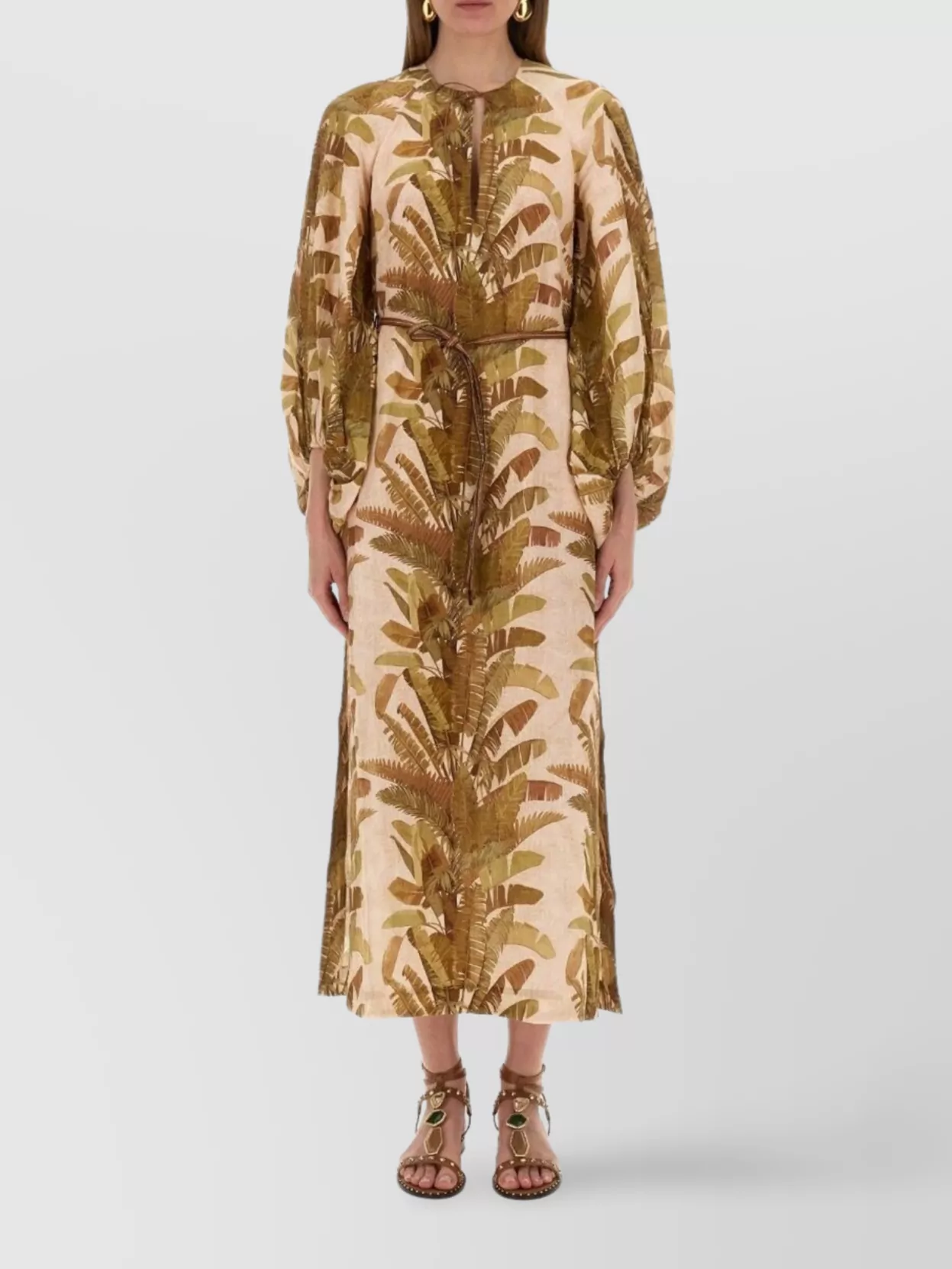 Zimmermann Botanical Print Midi Dress With Belted Waist In Brown