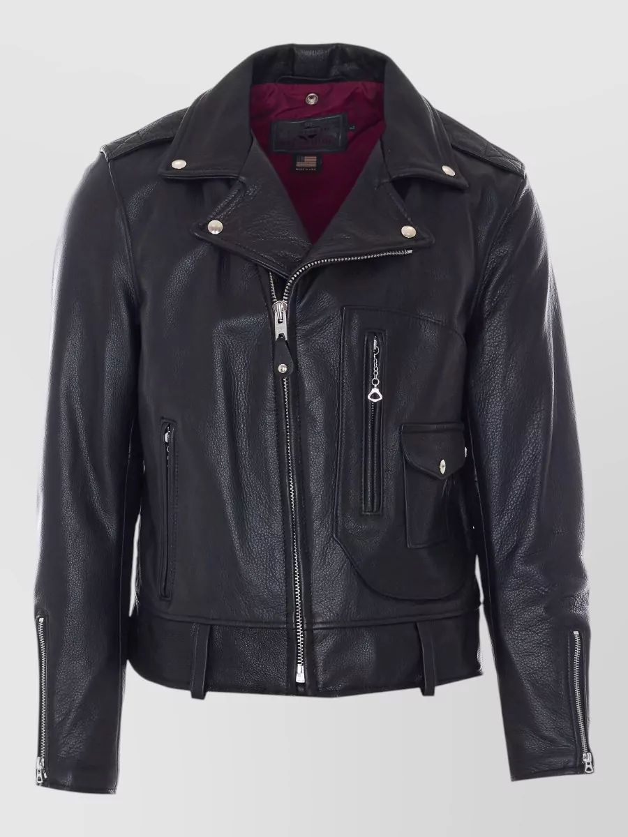 Schott Coat Epaulettes Lapel Collar Side Pockets Zipper In Black