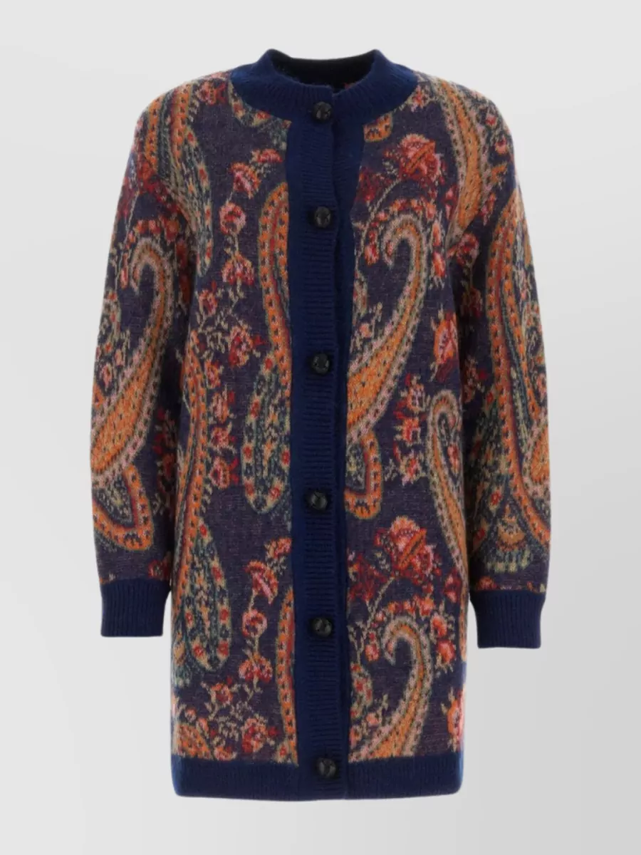 Shop Etro Patterned Crew-neck Mohair Cardigan In Grey