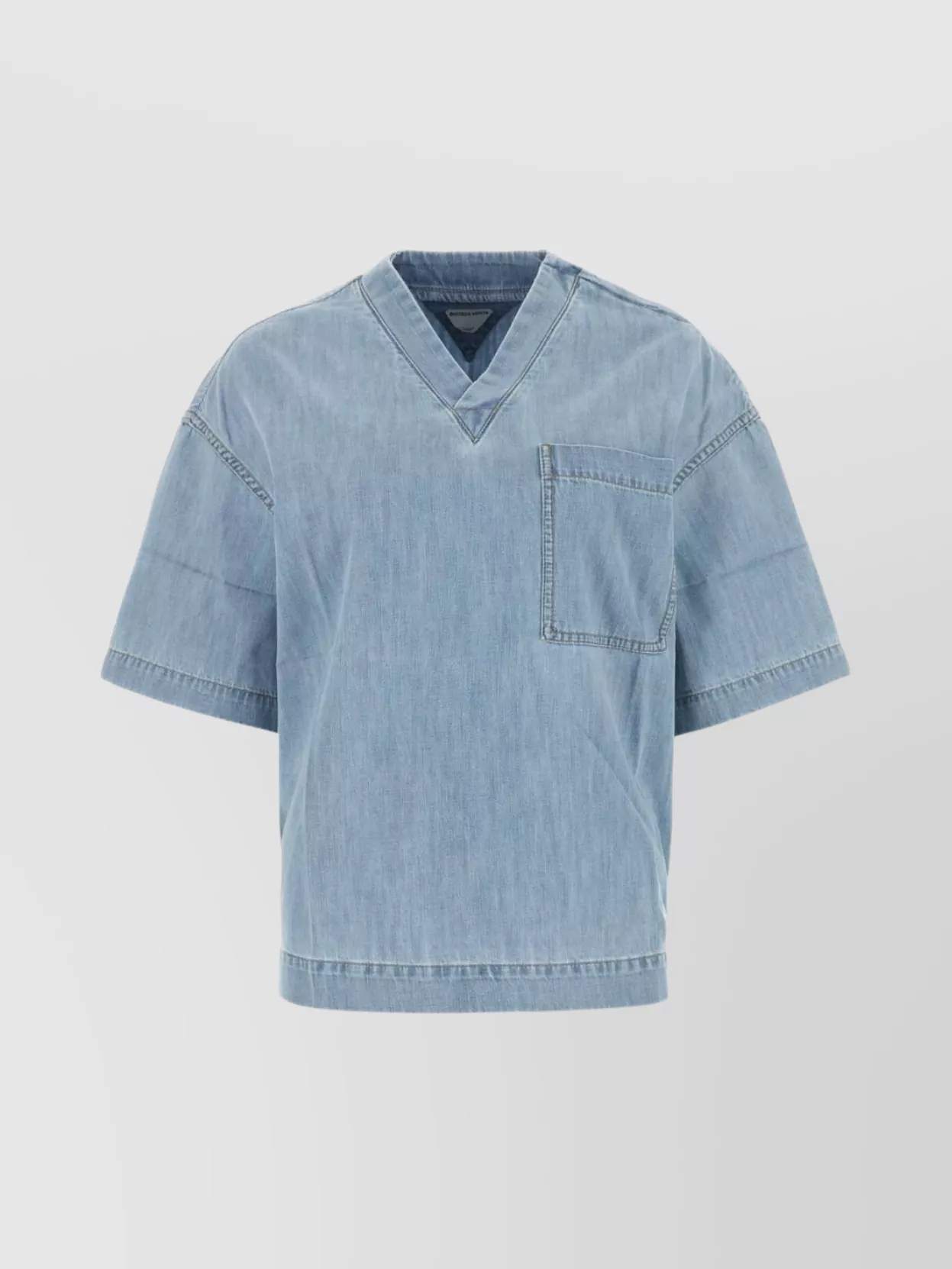 Bottega Veneta Denim Shirt With Chest Pocket And V-neck In Blue