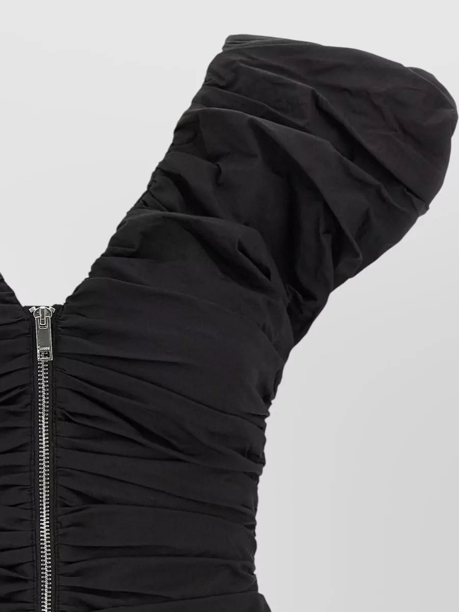 Ganni Ruched Top Featuring Puff Sleeves V Neckline